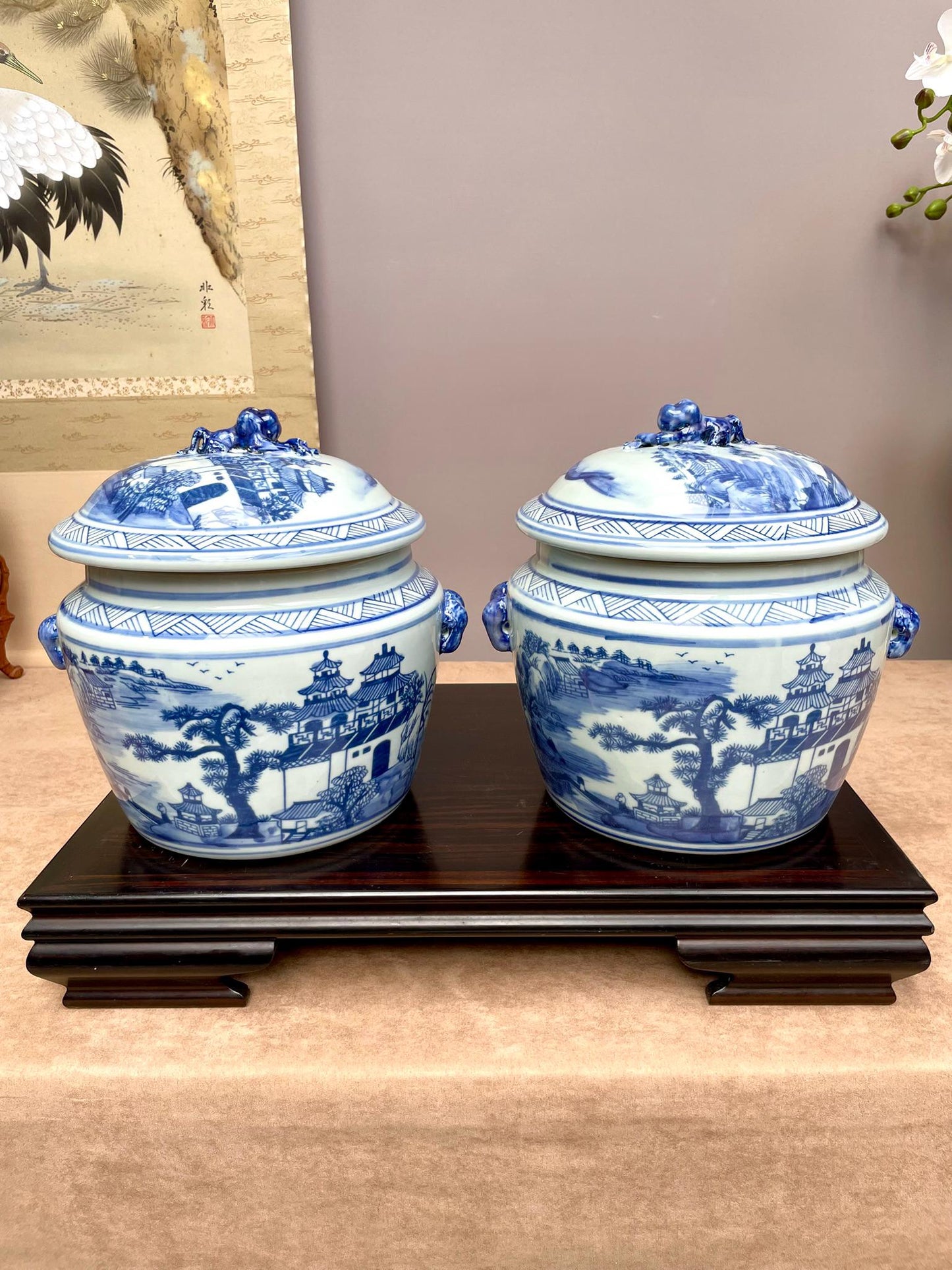 A Pair of Blue & White Porcelain Ginger Jar– Hand-Painted Pagoda Landscape