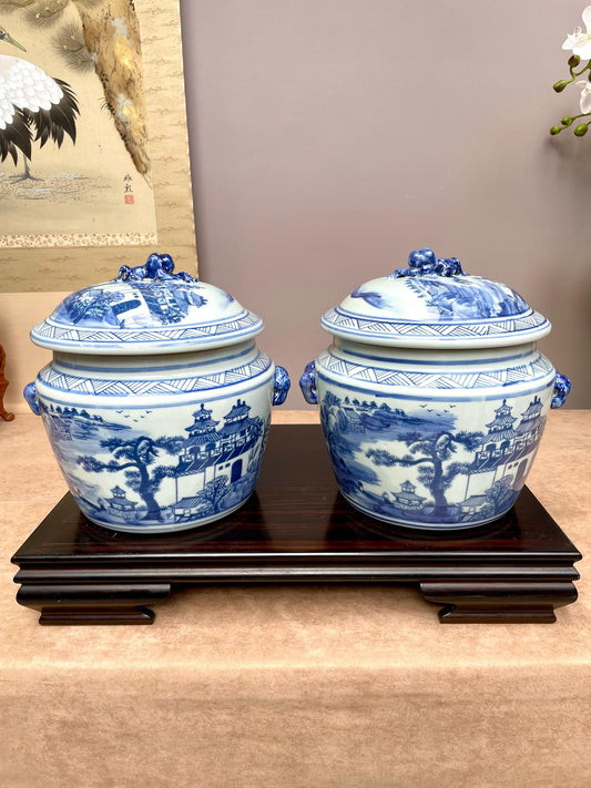 A Pair of Blue & White Porcelain Ginger Jar– Hand-Painted Pagoda Landscape