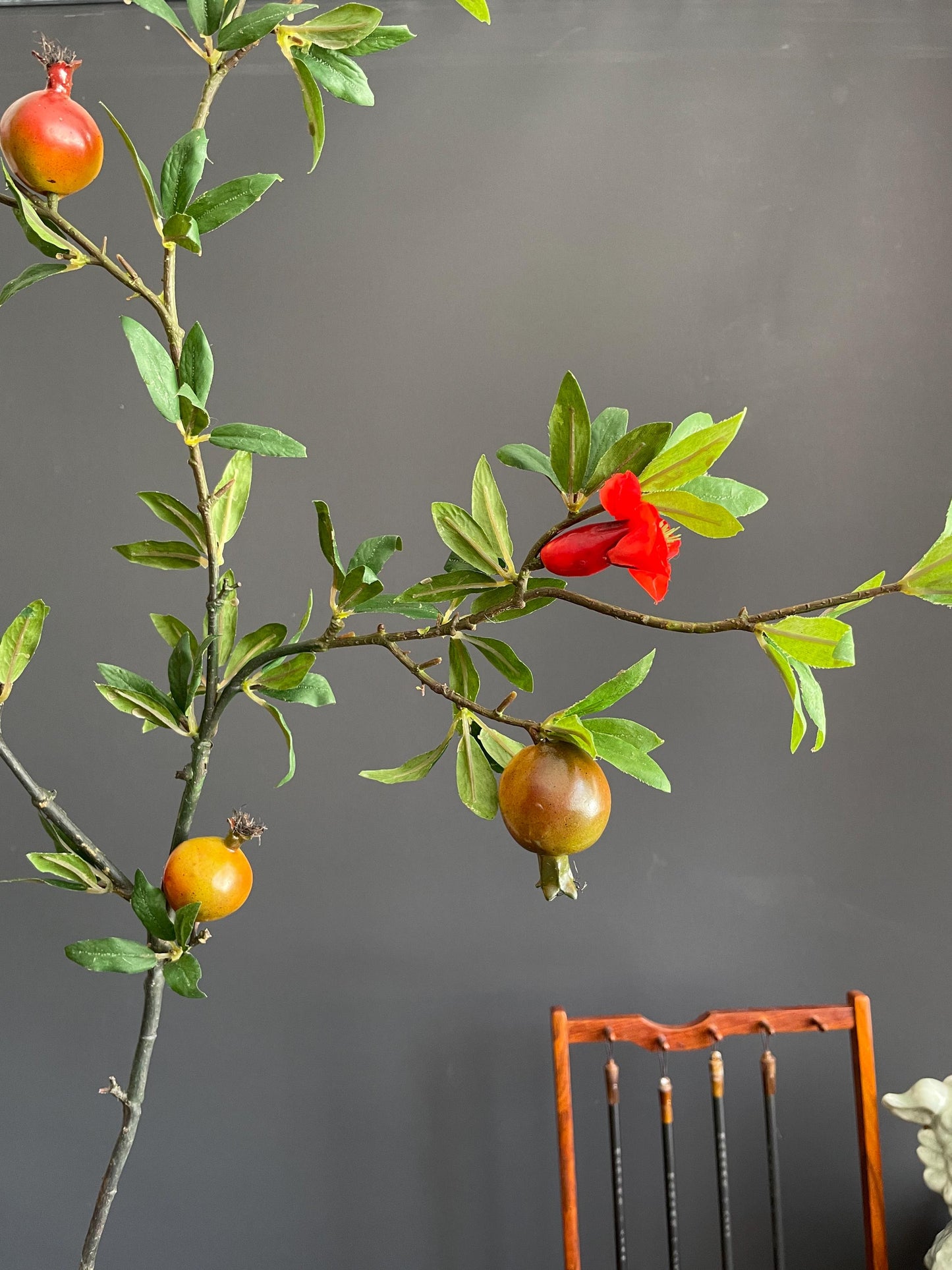Architectural Faux Greenery Branch | Artisanal Artificial Pomegranate Stem | Vibrant Botanical Accent for Eclectic Interiors
