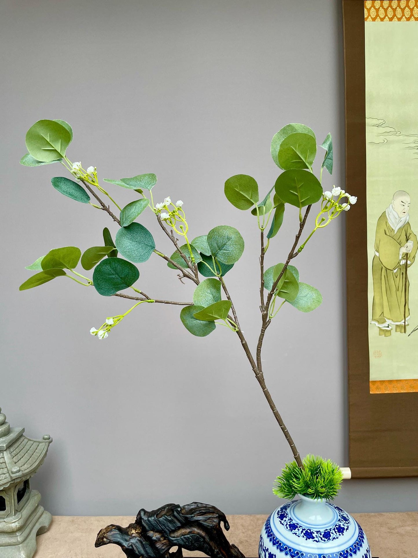 Faux Seeded Eucalyptus Stem, Round Leaf Greenery Branch, Large Artificial Foliage, Chinoiserie Vase Filler, Lifelike Greenery for Home
