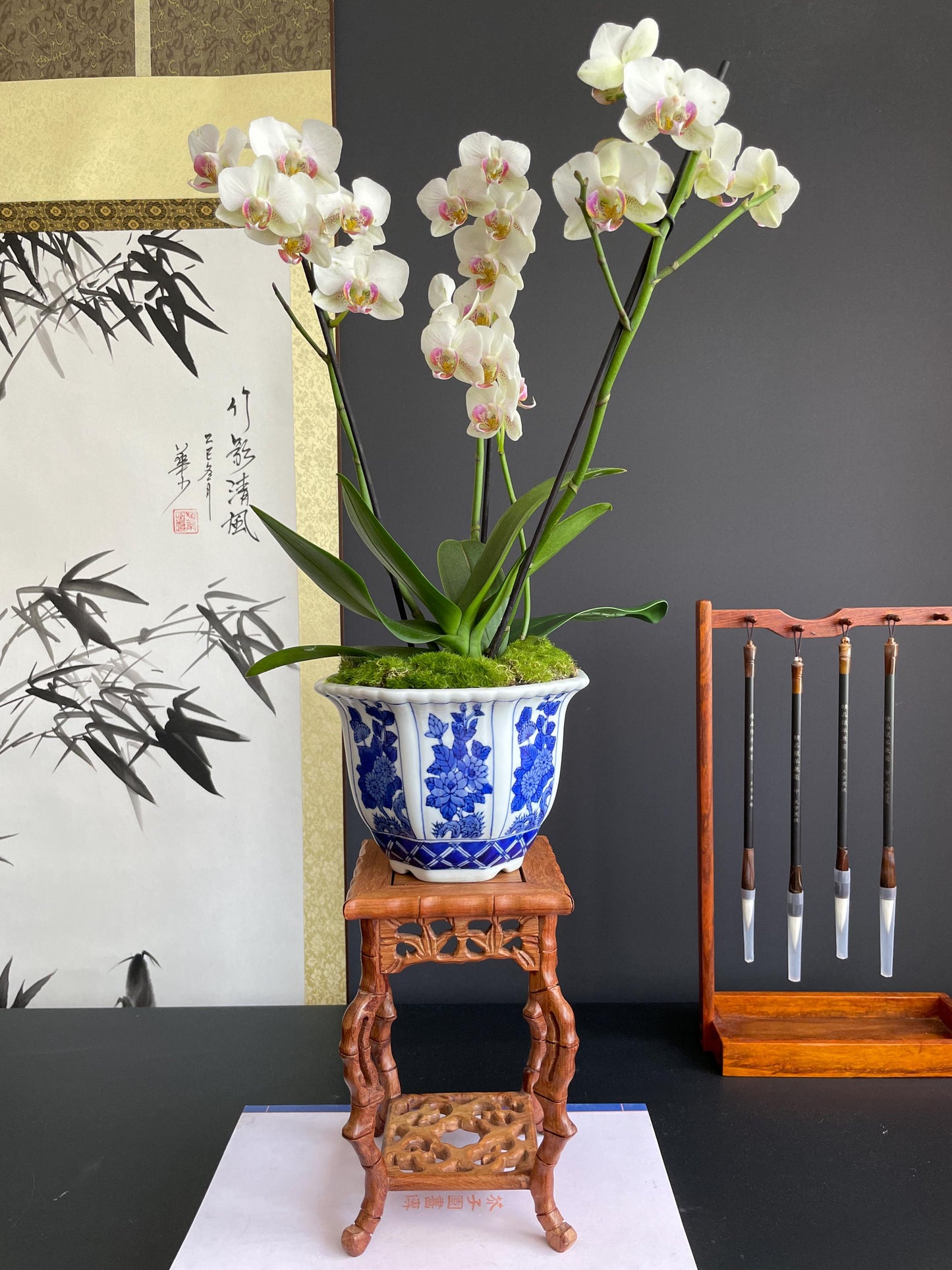 Blue and White Porcelain Planter Ceramic Flower Pot Chinoiserie Cachepot Fluted Oriental Orchid Pot traditional Botanical Decor Large