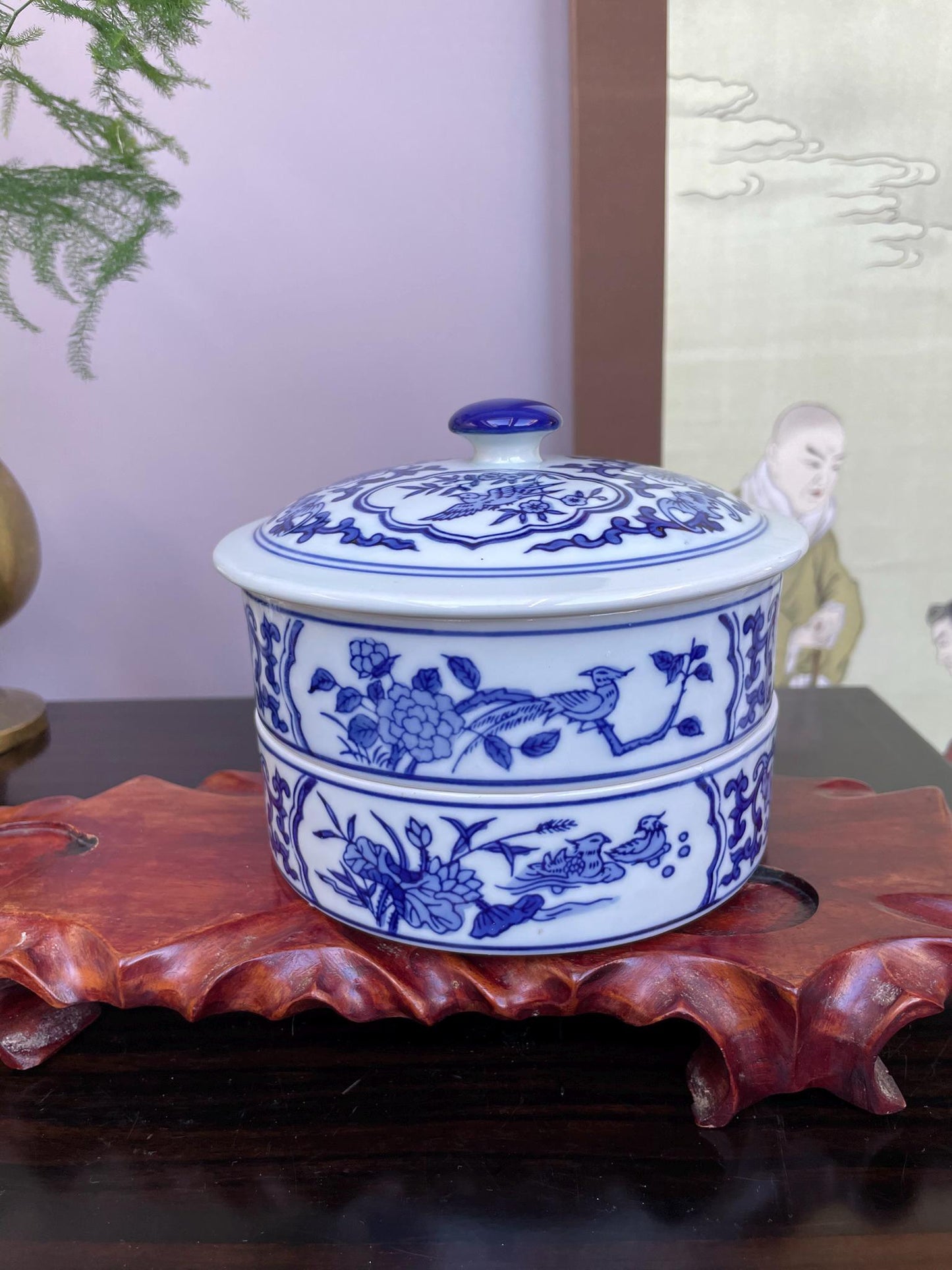 Blue and White Chinese Porcelain 2Tier Lidded Container Hand-Painted Floral & Bird Design Stacking Ceramic Storage Jar Functional Home Deco