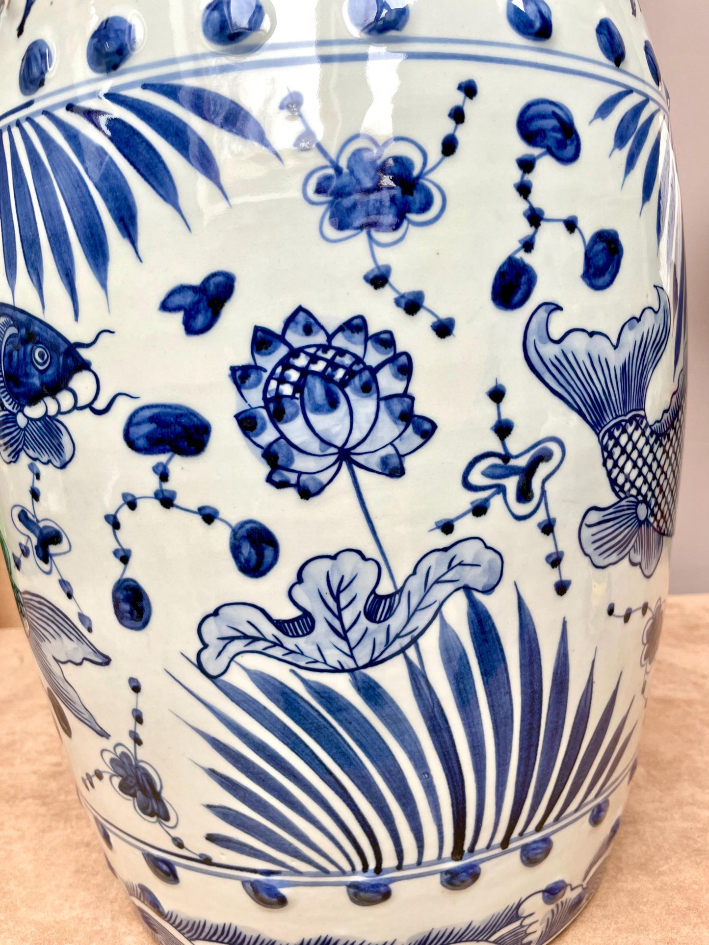 Hand Painted Koi Carp Garden Stool Traditional Chinese Blue White Drum Table Oriental Home Accent Cobalt Blue Statement Furniture Feng Shui