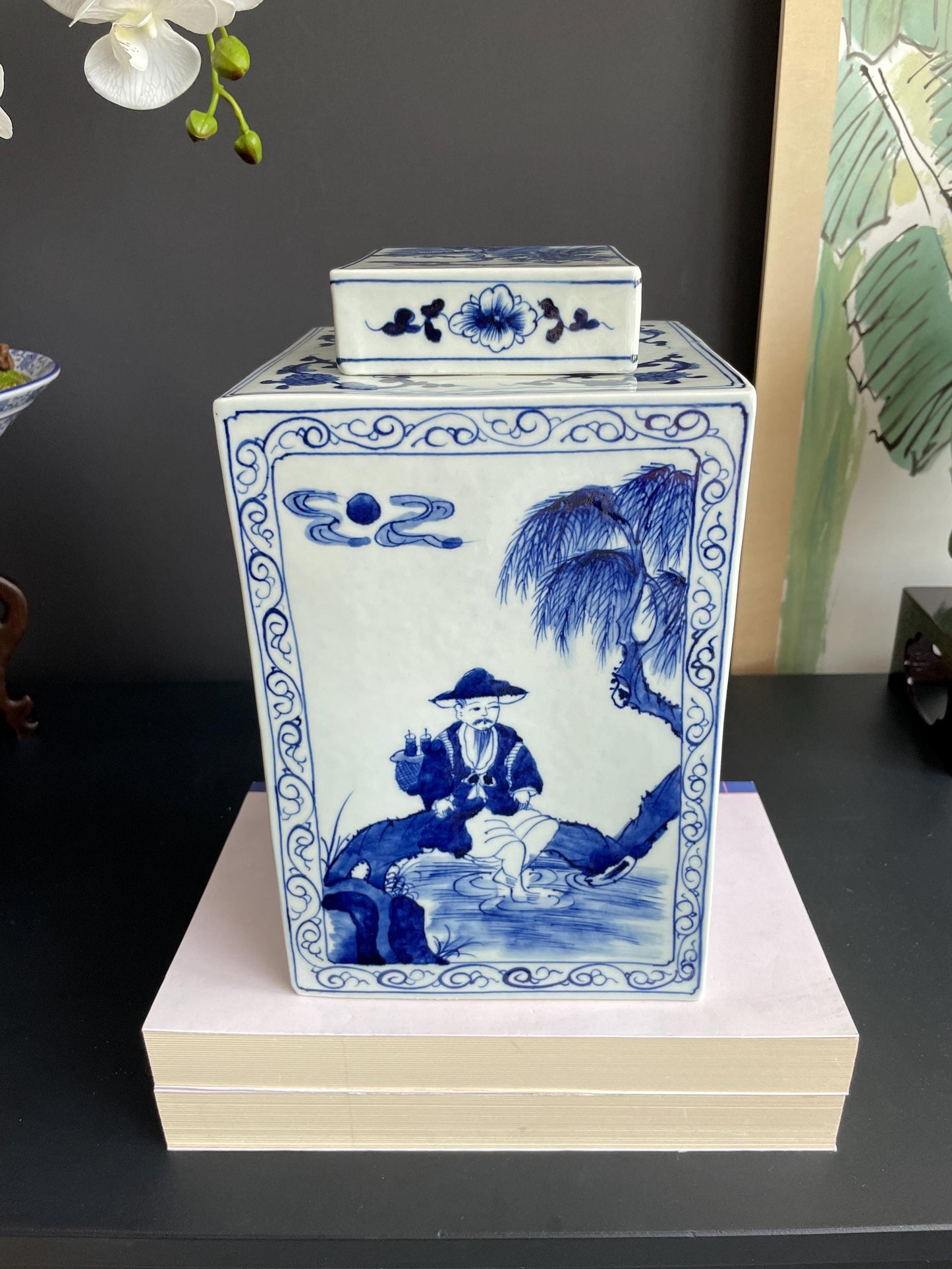 Hand-Painted Blue  White Square Xiang Qi Porcelain Vessel with Lid Imperial Kangxi Style Scholar  Pine Tree Motif  app 30cm