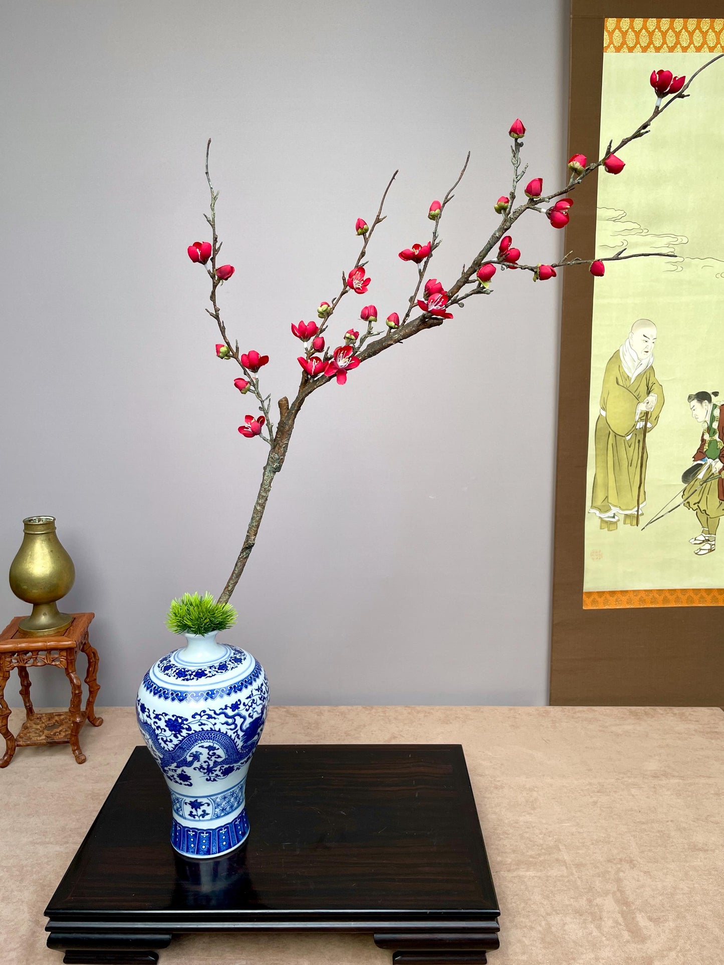 Large Realistic Red Plum Blossom Branch - Faux Winter Meihua Stem - Vivid Chinese New Year Decor - Hand-Crafted Luxury Zen Floral for Vases