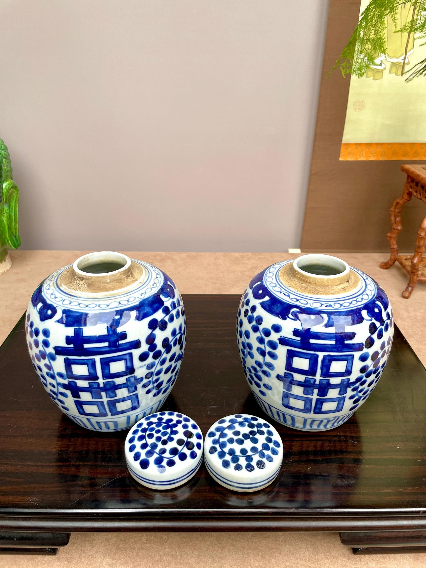 Pair of Blue and White Double Happiness Ginger Jars, hand painted Chinese Porcelain Tea Caddies with Lids, Chinoiserie Home Decor Weddings