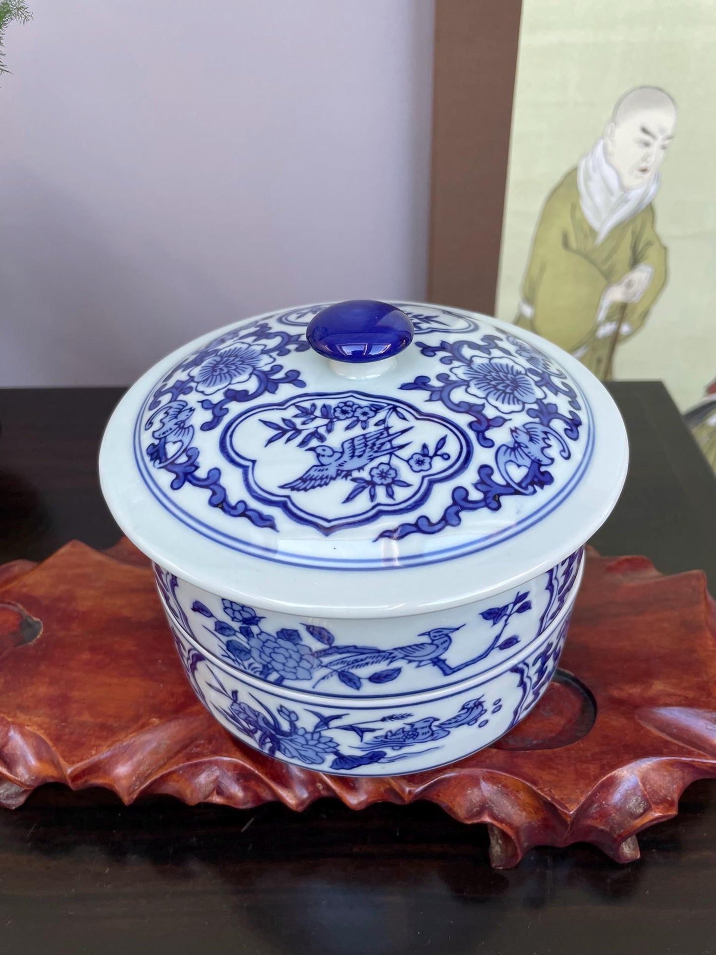 Blue and White Chinese Porcelain 2Tier Lidded Container Hand-Painted Floral & Bird Design Stacking Ceramic Storage Jar Functional Home Deco