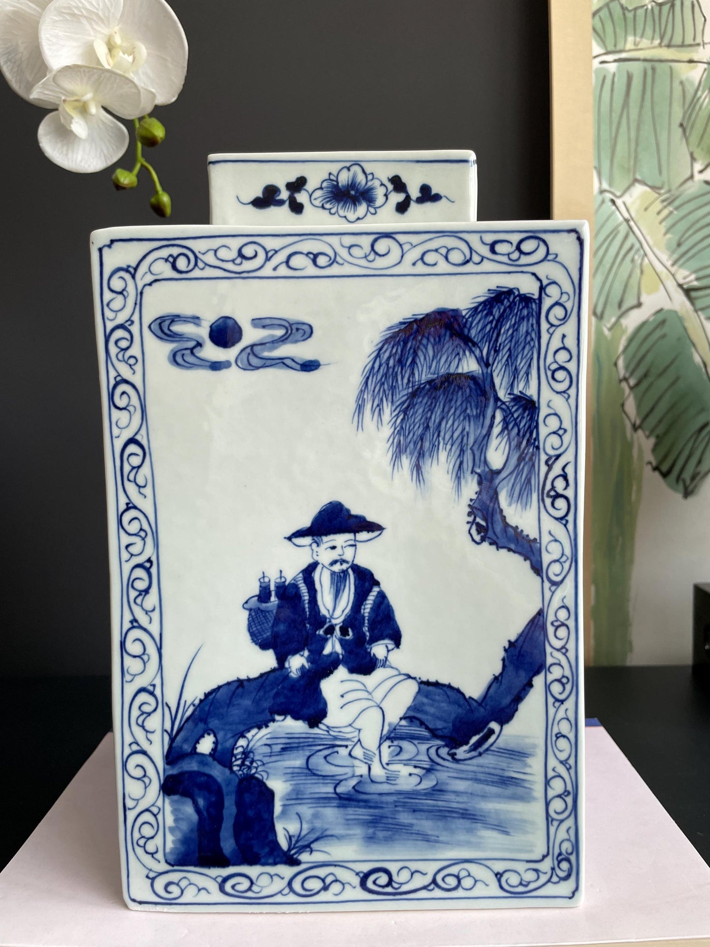 Hand-Painted Blue  White Square Xiang Qi Porcelain Vessel with Lid Imperial Kangxi Style Scholar  Pine Tree Motif  app 30cm