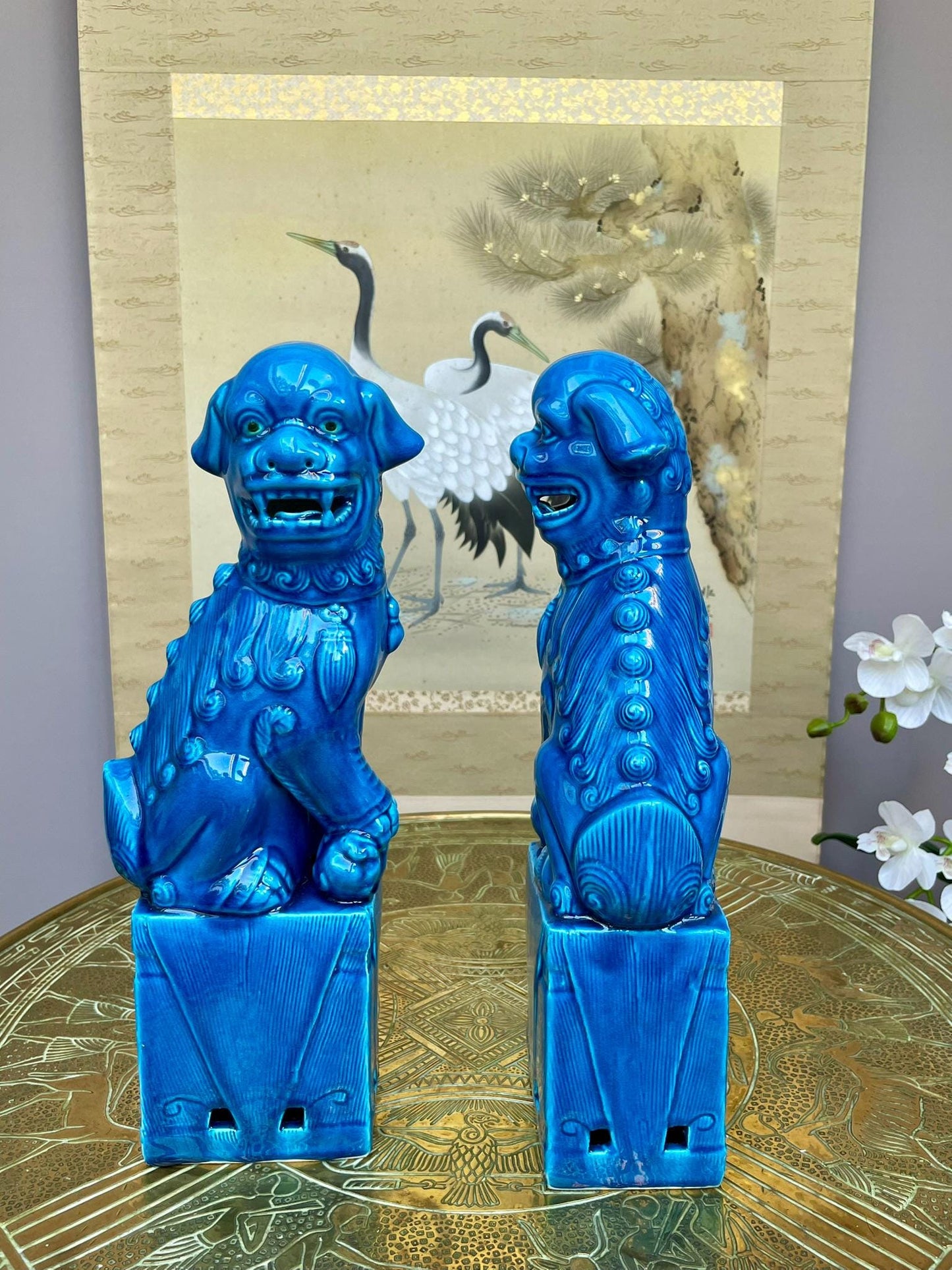 Turquoise Fu Dog Statues – Pair of Chinese Guardian Lions – Home Decor Accents for Entryway, Bookshelf & Living Room – Blue Glazed Foo Dogs