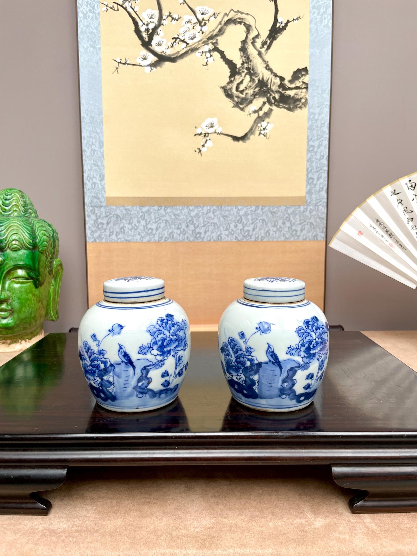 Hand Painted Cobalt Blue Floral Ginger Jars Traditional Scholar Style Porcelain Urns Oriental Bird Peony Decorative Jars Blue White Gift Set