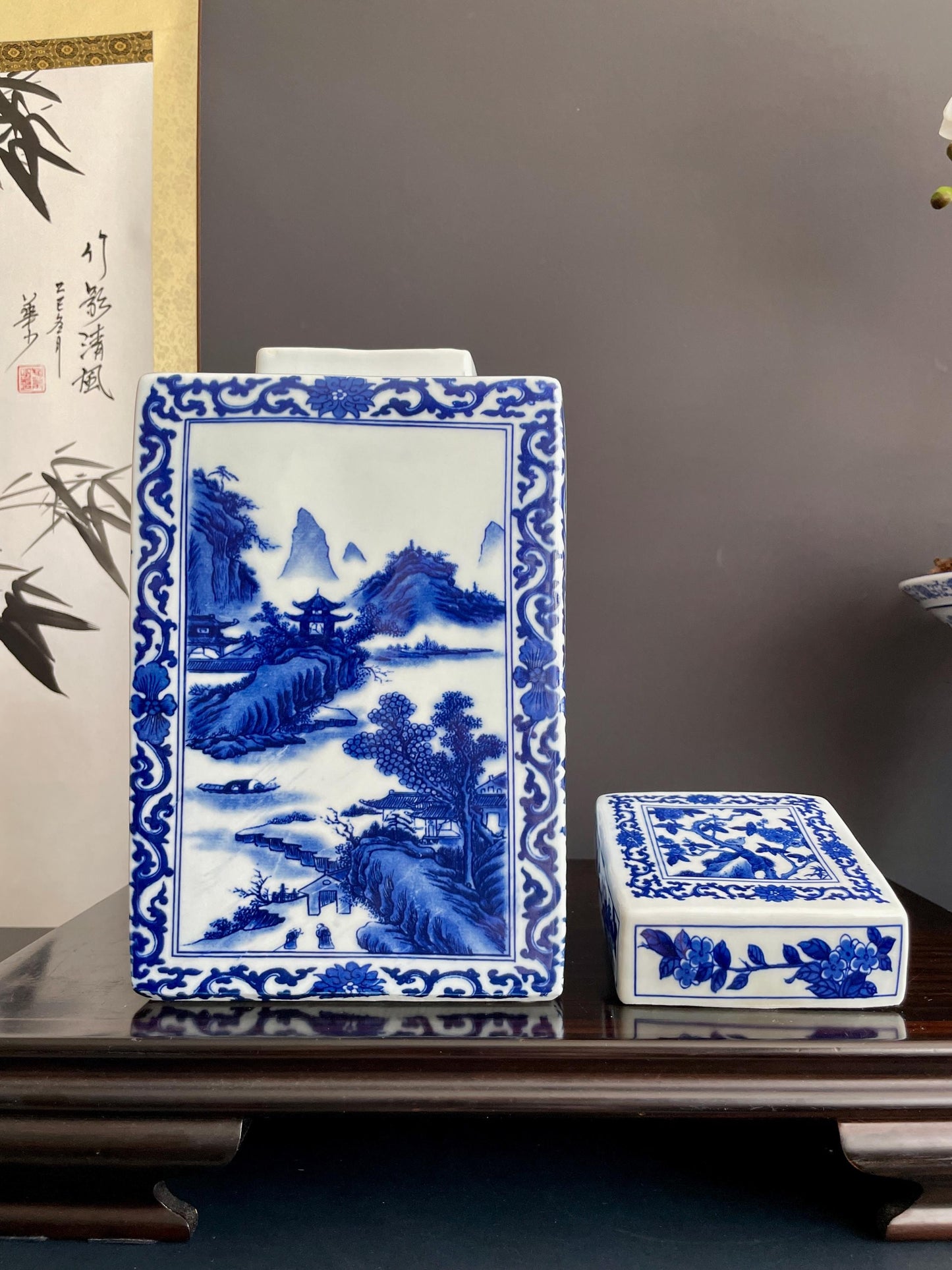 Rare Hand Painted Blue and White Xiang Qi Porcelain Vase | Hand Pressed Square Ginger Jar with Lid | 30cm Heavy Collector Ceramic Vessel