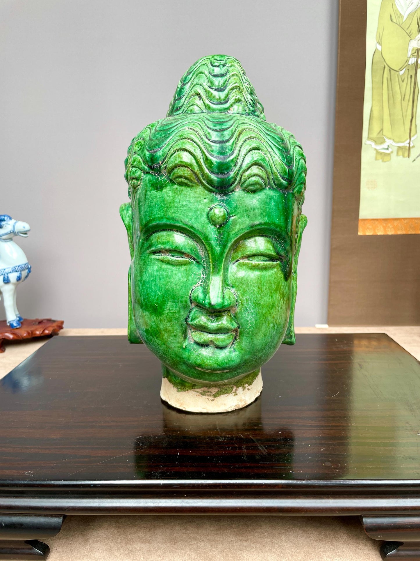 Rare Green Glazed Ceramic Buddha Head Statue, Chinese Ming Style Clay Sculpture, Zen Home Decor, Buddhist Altar Art, Spiritual Gifts