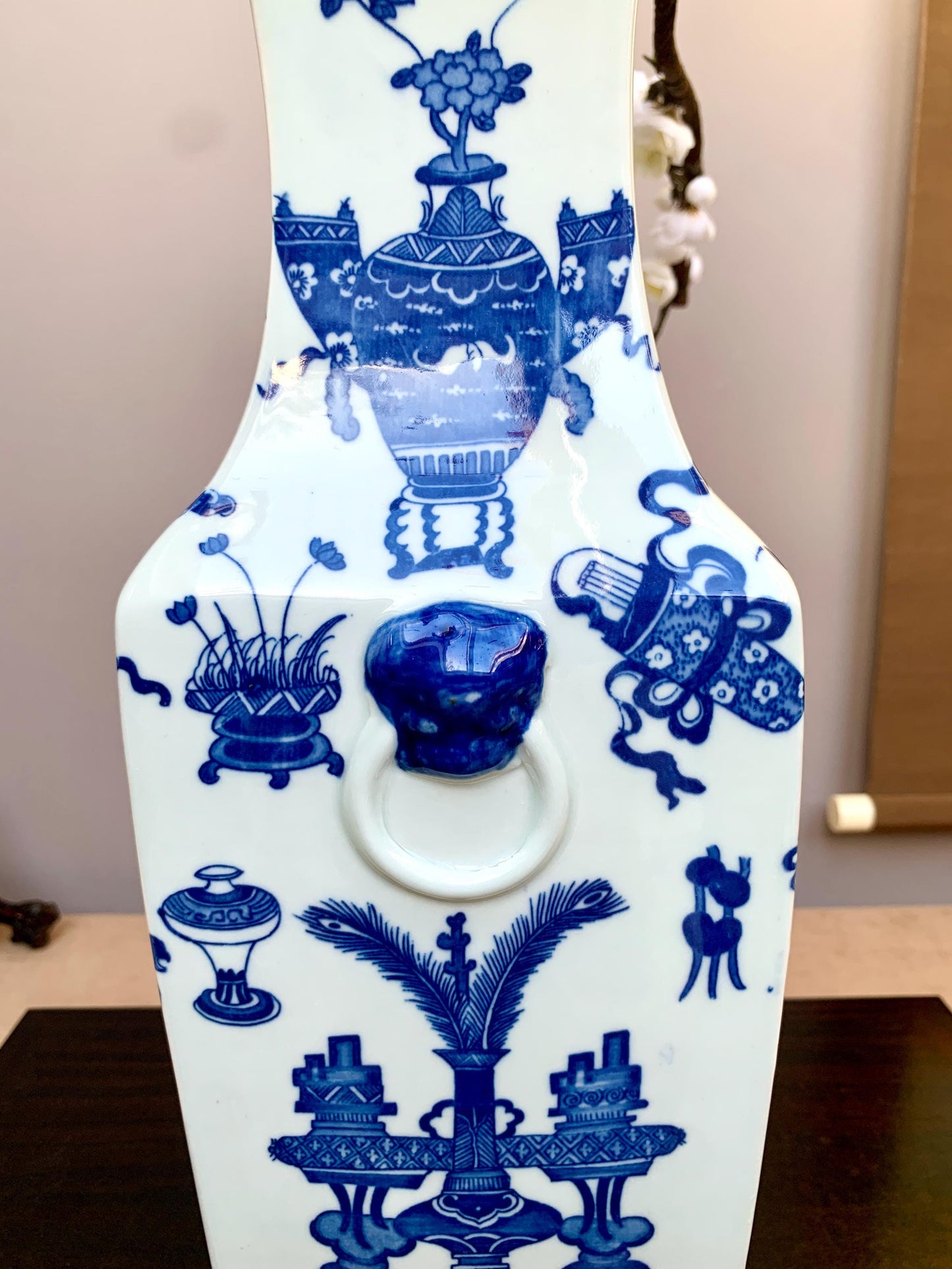 Tall Hand-Crafted Blue and White Square Vase Rare "Hundred Antiques" (Bogu) Motif Heavy Premium Porcelain Traditional Scholar's Studio Decor