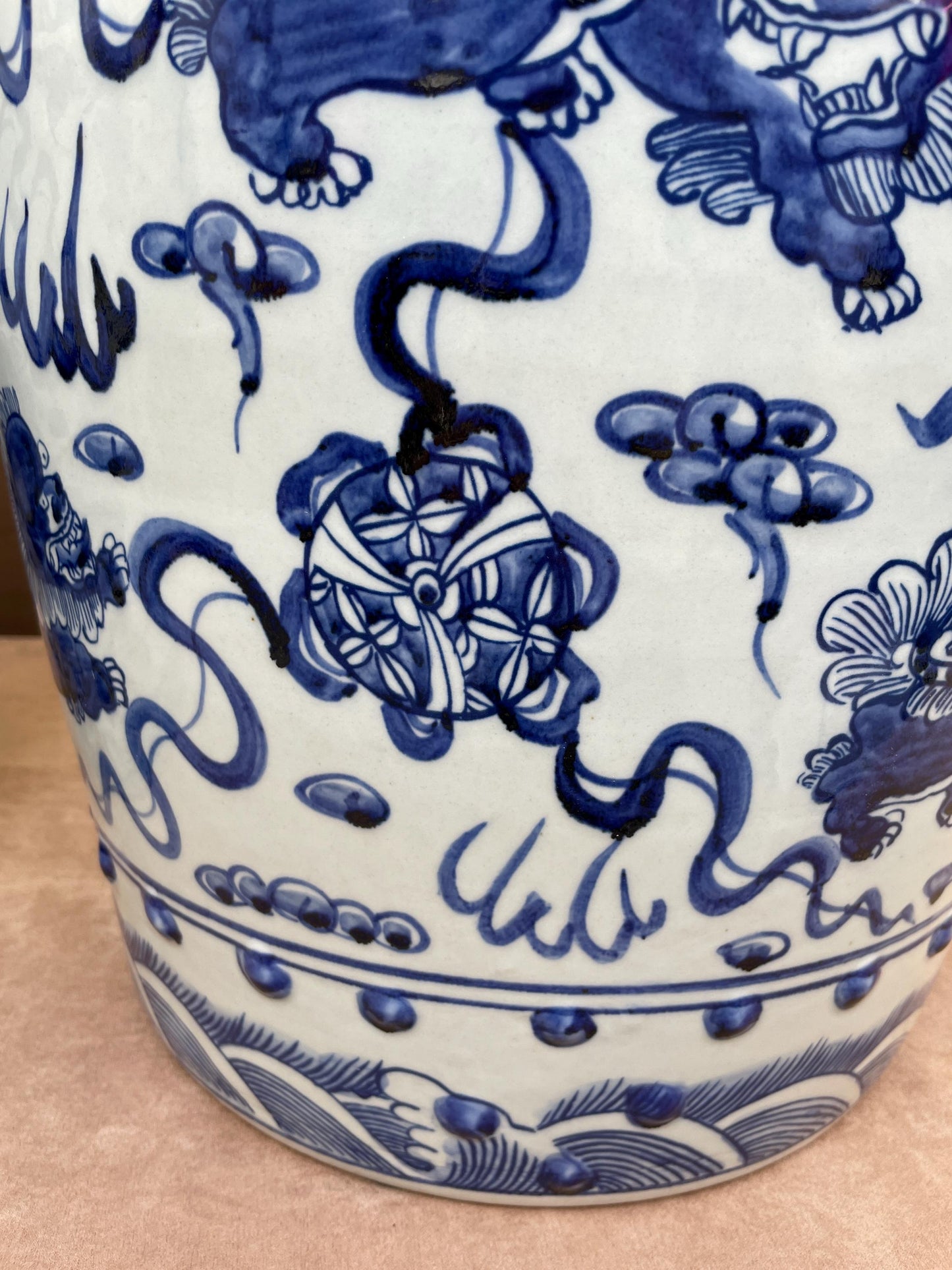 Large Blue and White Porcelain Garden Stool 100% Hand Painted Foo Dog Ceramic Seat, Chinoiserie Drum Stool, Guardian Lion Side Table Heavy.