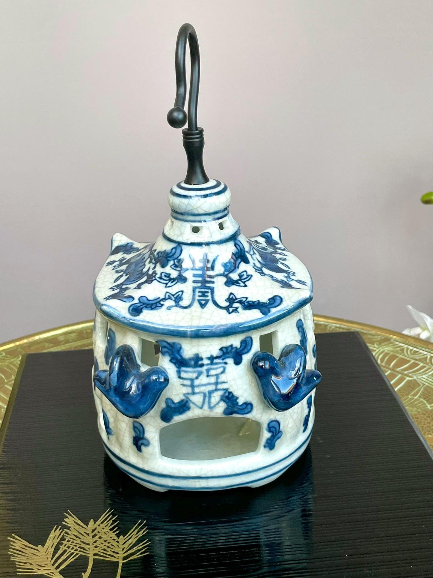 Blue & White Hanging Candle Holder | Crackle Glaze Porcelain Lantern | Handcrafted Ceramic Candle House | Hanging Tealight Holder Decor