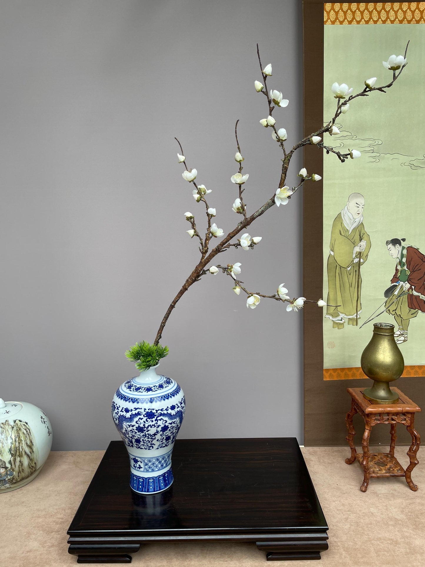 Large Realistic White Plum Blossom Branch - Faux Winter Meihua Stem - Elegant Chinoiserie Decor Hand-Crafted Luxury Zen Floral