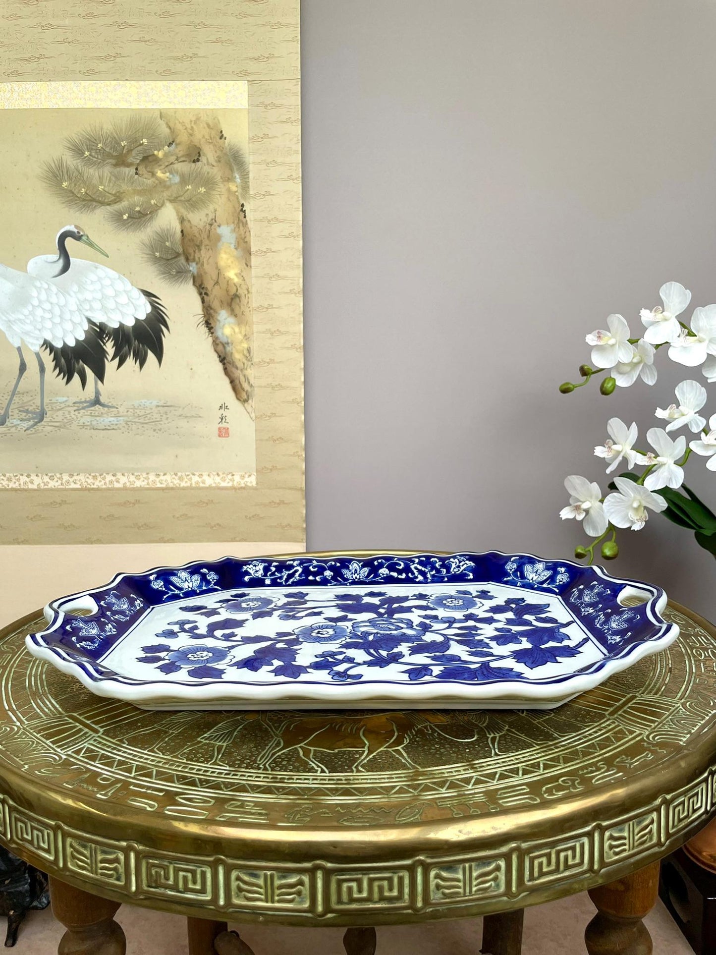 Large Blue and White Porcelain Serving Tray • Handcrafted Prestige Floral Platter • Luxury Home Décor Elegant Table Center piece