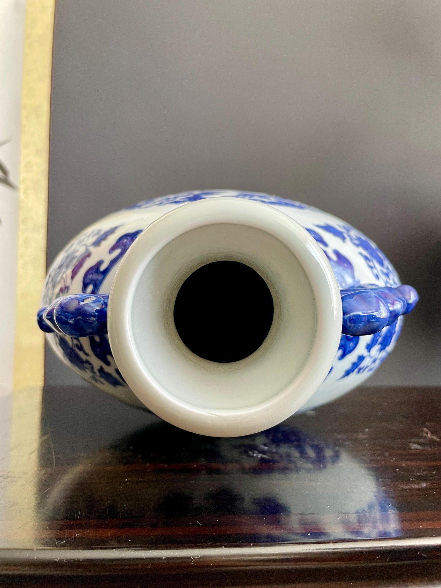 Hand Crafted Blue & White Moonflask Vase with Handles | 31cm Dragon Phoenix Porcelain Vessel Large Chinoiserie Collector Pottery