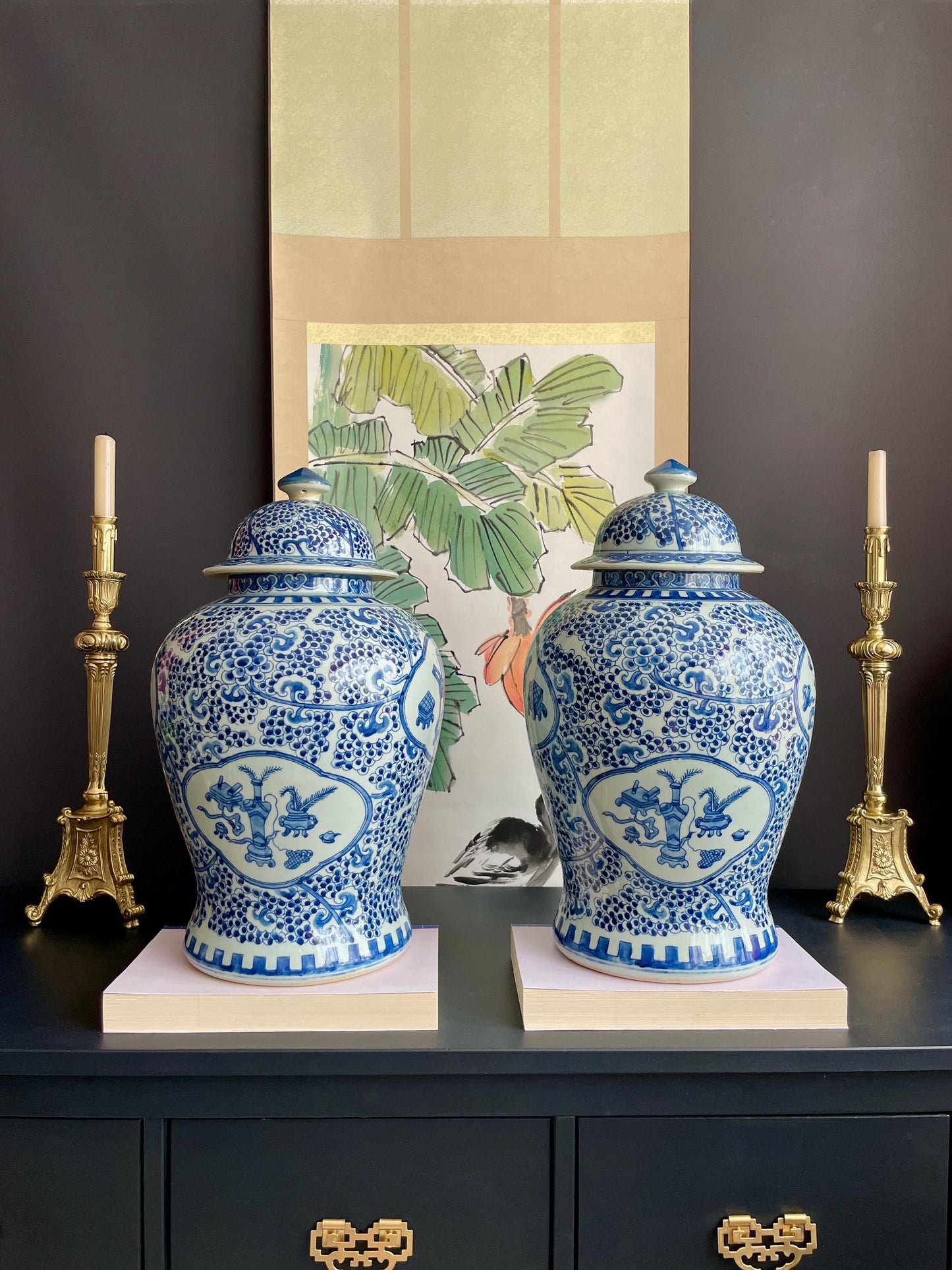 Monumental 50cm Hand-Painted Blue White Temple Jar Pair | Super-Sized Prunus & Antiquities Motif Covered Ginger Jars