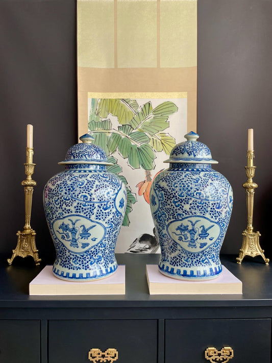 Monumental 50cm Hand-Painted Blue White Temple Jar Pair | Super-Sized Prunus & Antiquities Motif Covered Ginger Jars