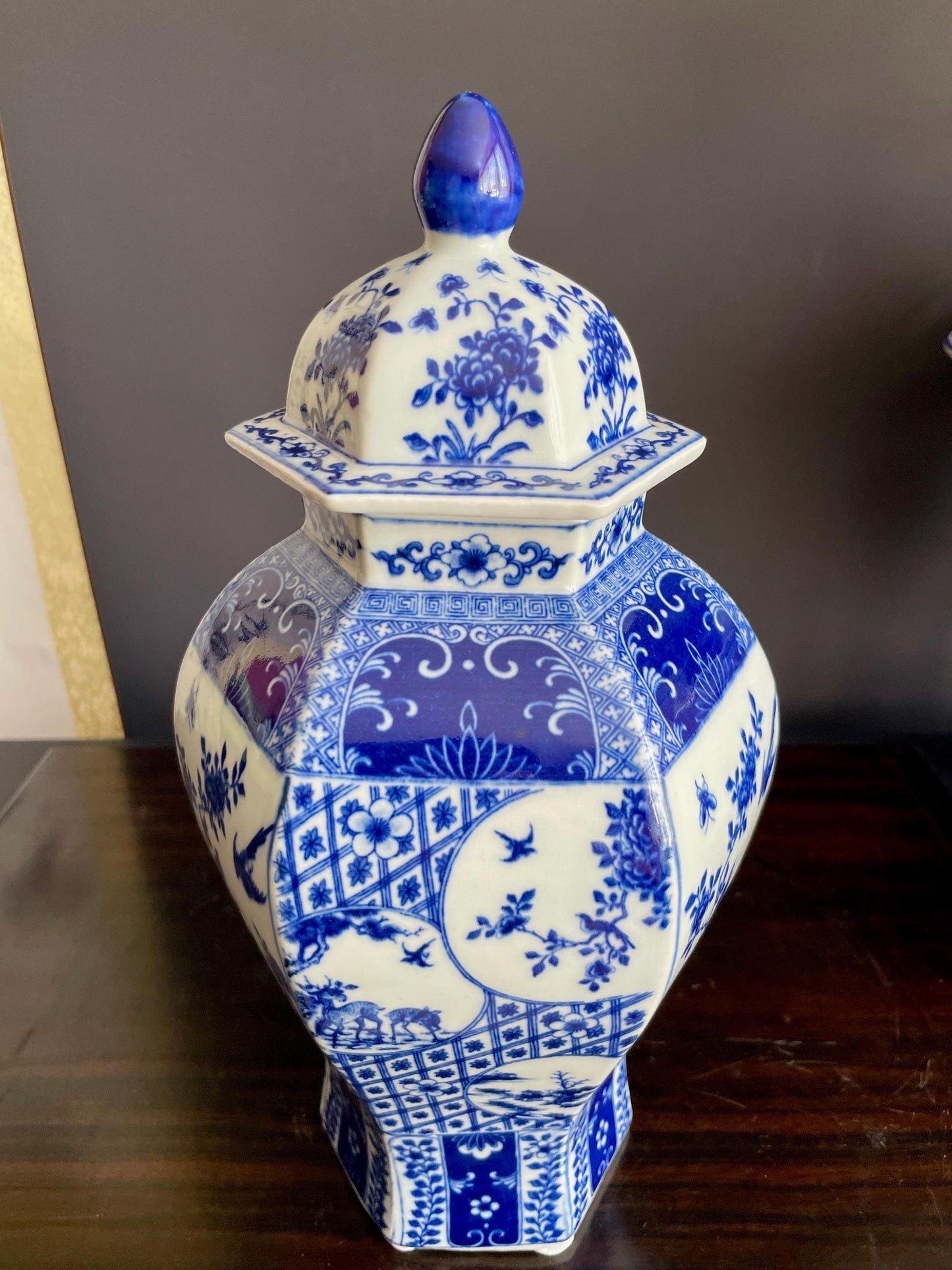Hand Crafted Blue & White Hexagon Porcelain Vase with Lid | Six Sided 30cm Ceramic Temple Jar | Unique Multi Panel Chinoiserie Decor