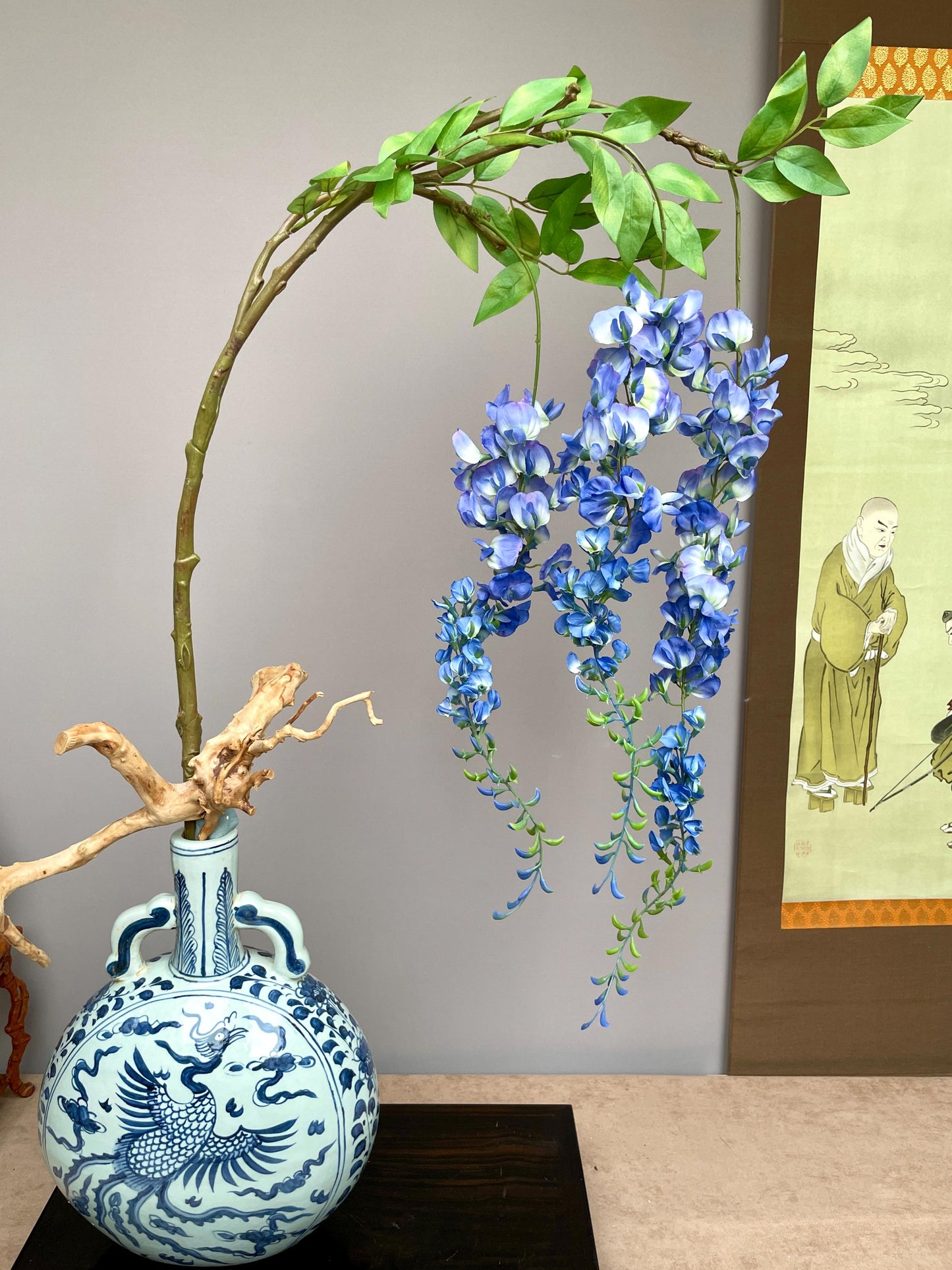 Large Realistic Artificial Wisteria Branch - Faux Blue Blossom Stem with Buds - Elegant Draping Floral for Tall Vases - Luxury Home Decor