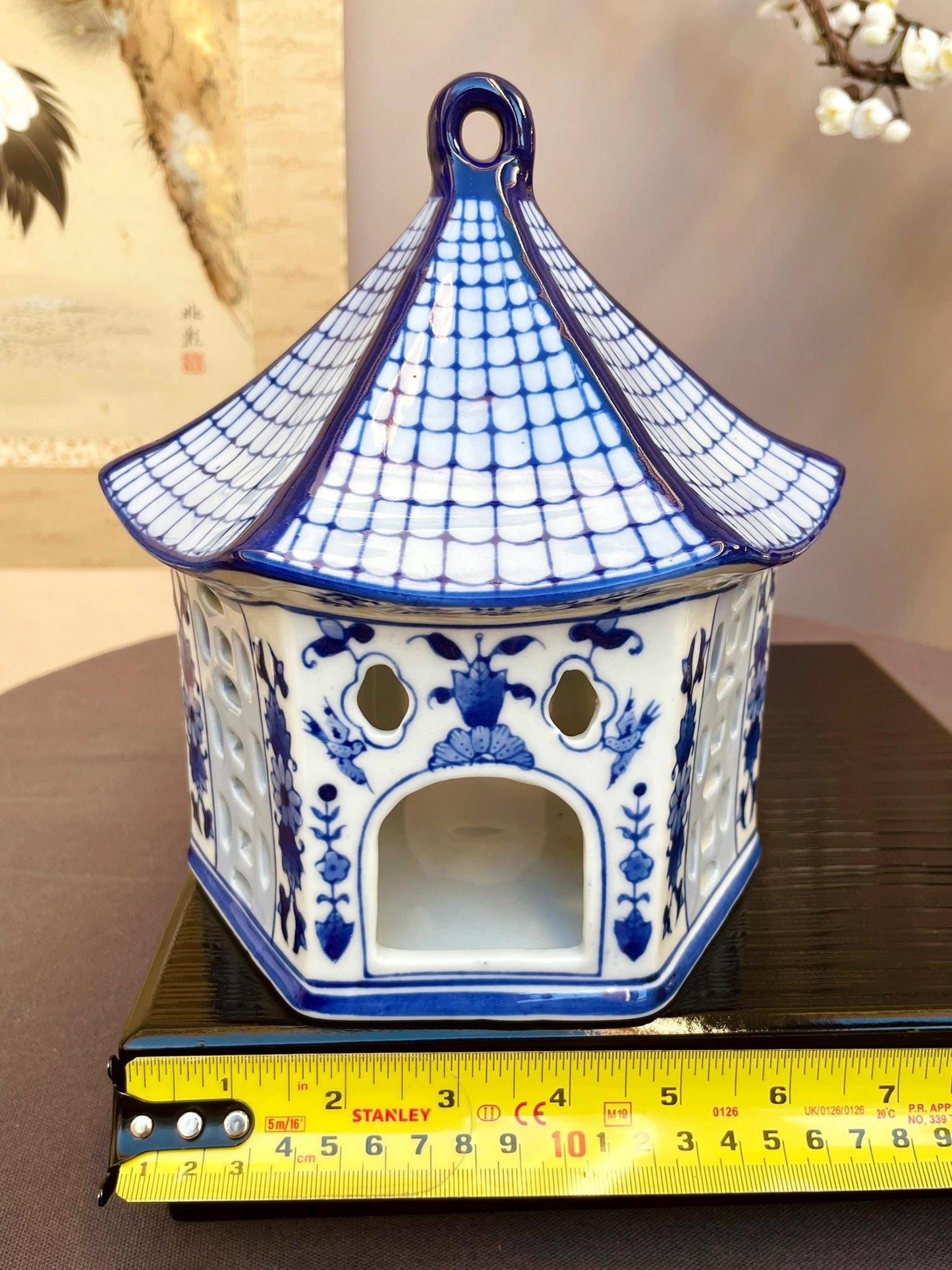 Blue and White Porcelain Pagoda Candle Holder | Handcrafted Ceramic Lantern Elegant Home Décor Accent | Curved Roof Design Tea Light Holder