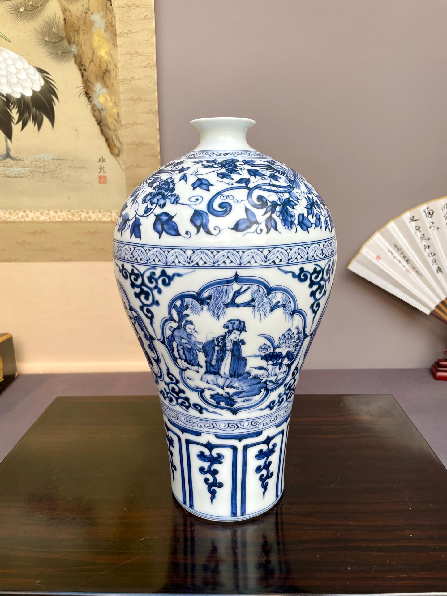 Hand Painted Blue and White Meiping Vase Porcelain Plum Vase Ceramic Chinoiserie Figural Motif Luxury Oriental Art Fine Pottery Centerpiece