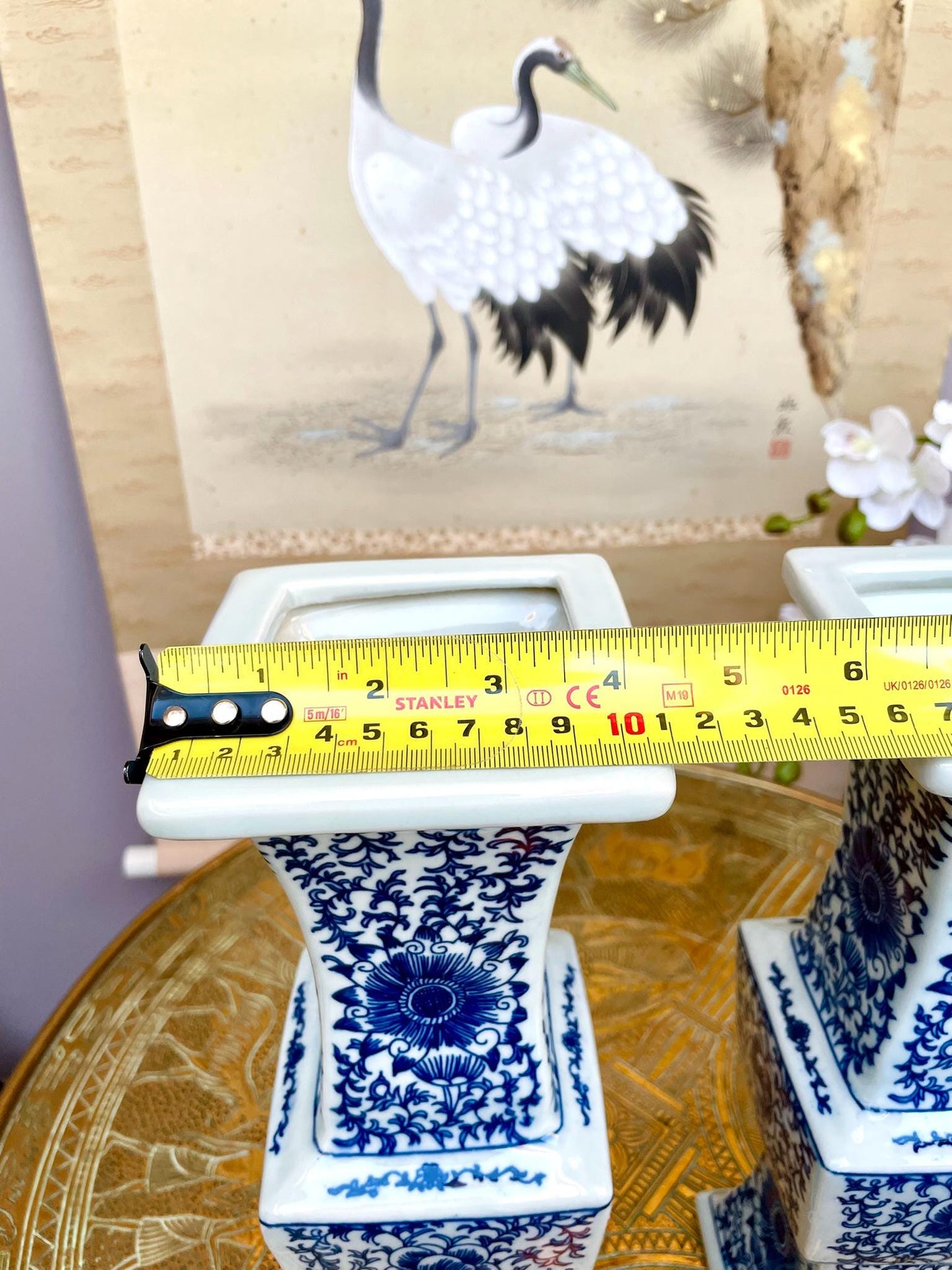 pair of Blue & White Porcelain Altar Candle Holders • Imperial Ritual Vessel Pair • Heaven–Earth–Human 3 section  Chinoiserie Floral design