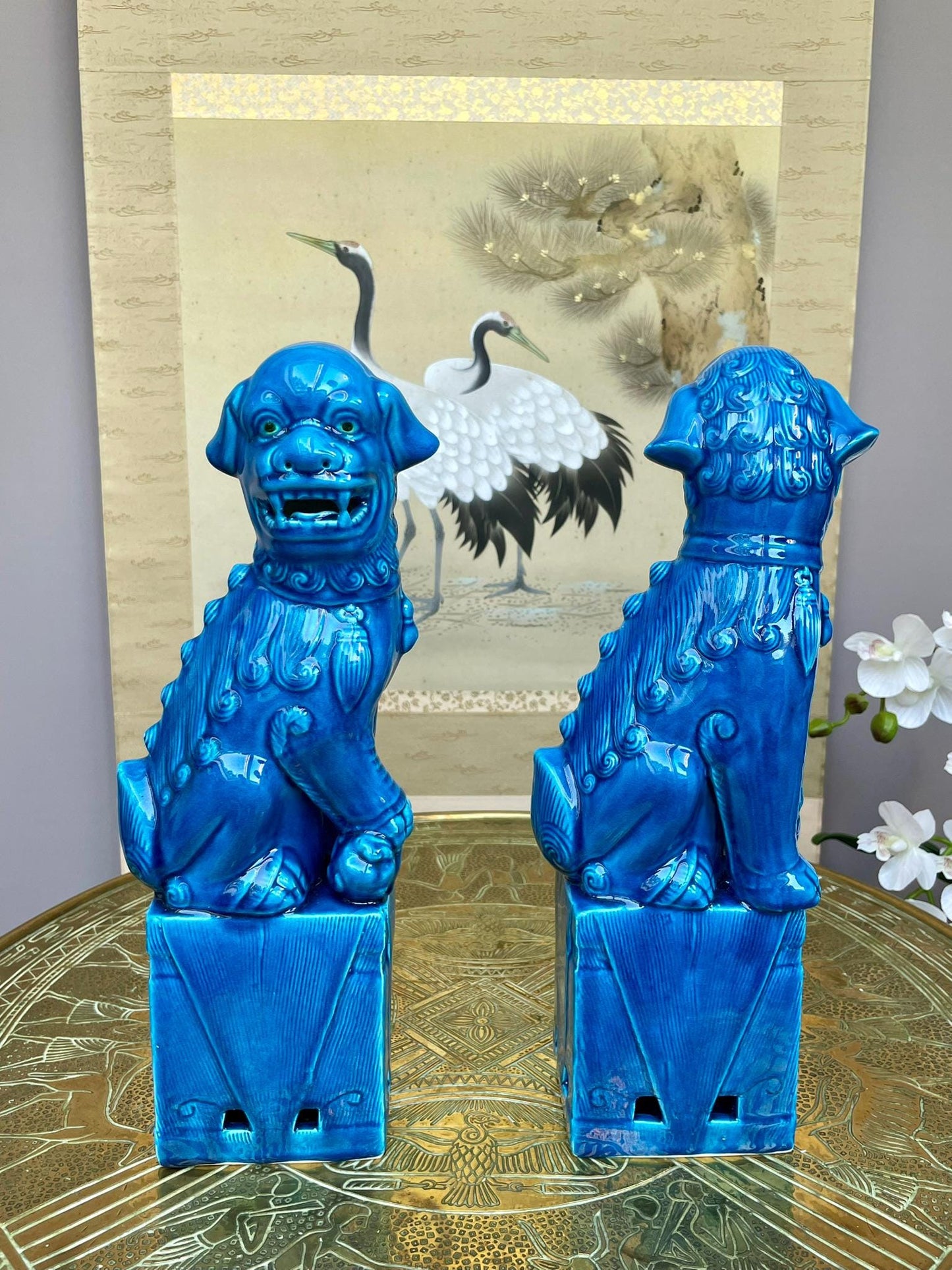 Turquoise Fu Dog Statues – Pair of Chinese Guardian Lions – Home Decor Accents for Entryway, Bookshelf & Living Room – Blue Glazed Foo Dogs