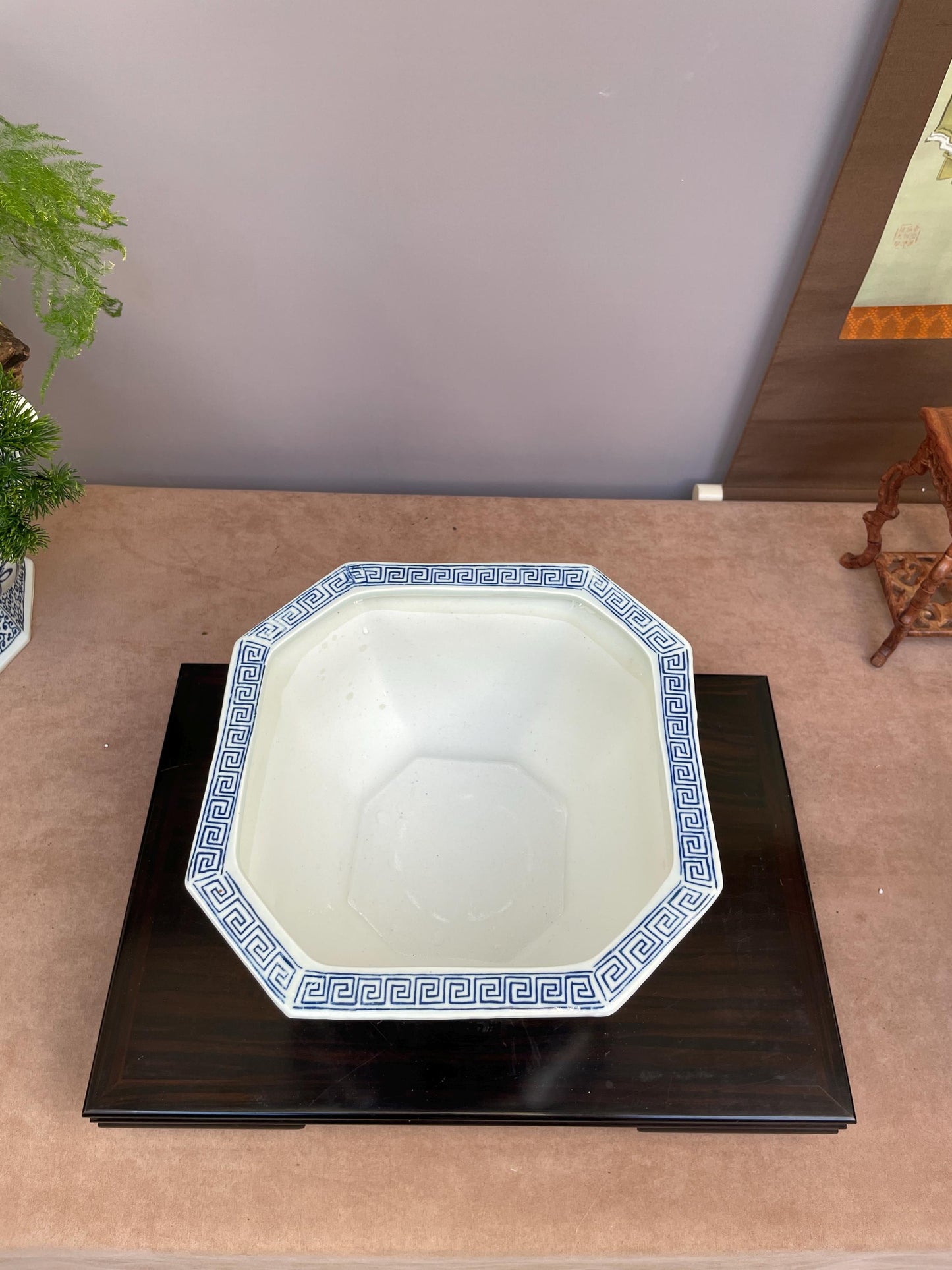 Blue & White Hexagonal Footed Bowl Scenic Landscape Porcelain Centerpiece irregular hexagon Oriental Art Bowl Luxury Decorative NO DRAINAGE