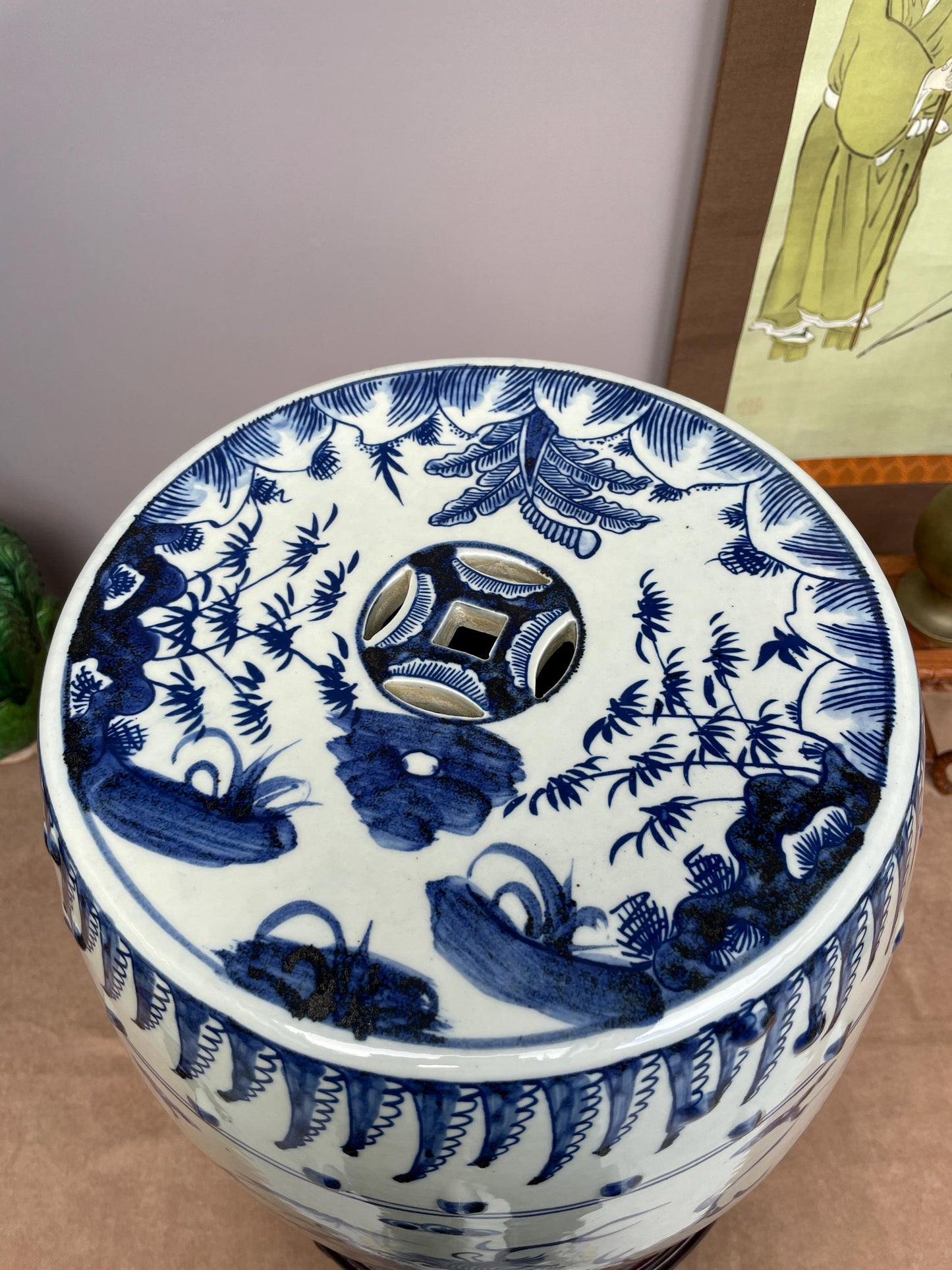 Large Blue and White Porcelain Garden Stool, Hand Painted Qilin Dragon Ceramic Seat Chinoiserie Drum Stool Oriental Decor, Rare Heavy SINGLE