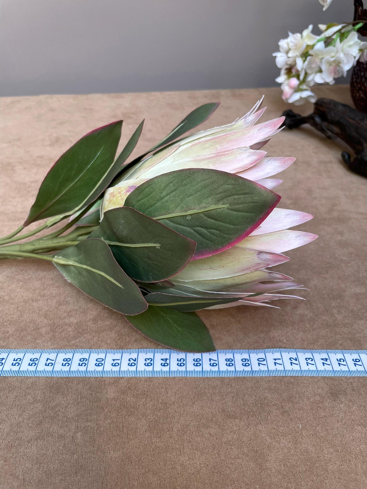 Giant Artificial Blush Pink King Protea Stem - Faux Pale Green & Pink Bloom - Exotic Tropical/Coastal Flower Head Decor(73cm)