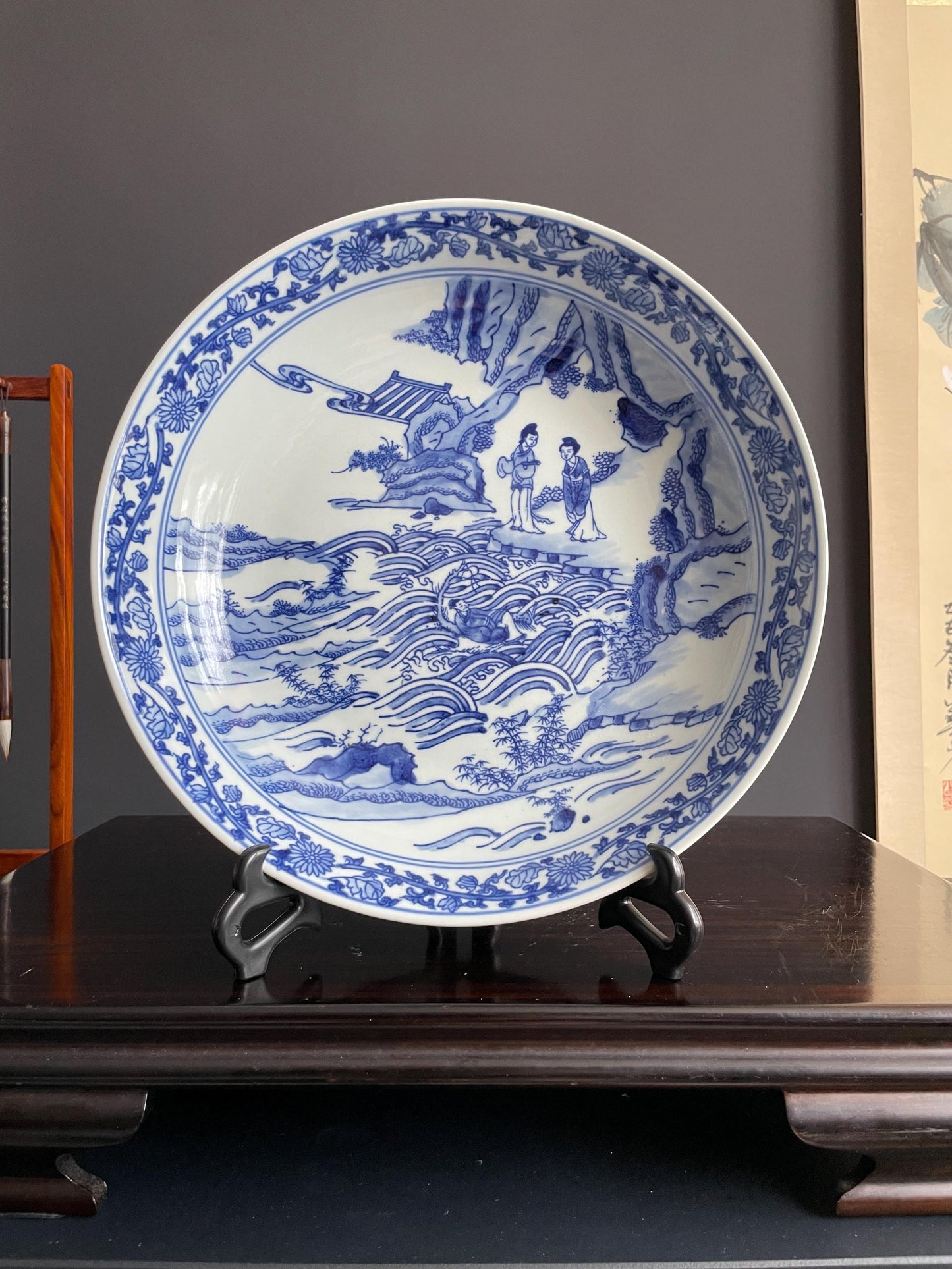 Traditional Blue and White Porcelain Charger | Hand-Crafted Narrative Decorative Plate | Classic Chinoiserie Display Platter