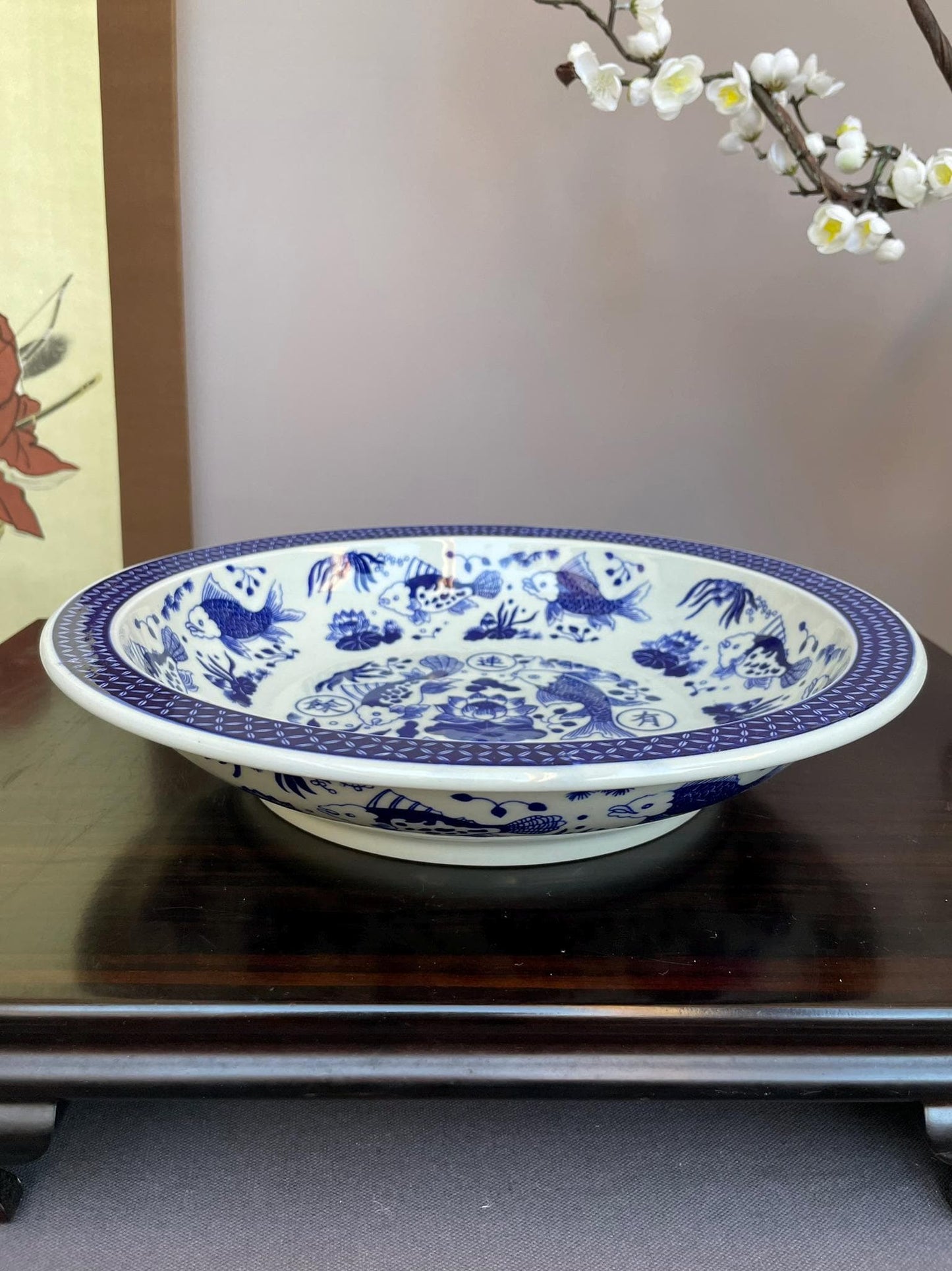 Large Flared Rim Porcelain Bowl • Wide Shallow Blue & White Display Bowl • Decorative Serving Vessel • Oriental Art Center - piece