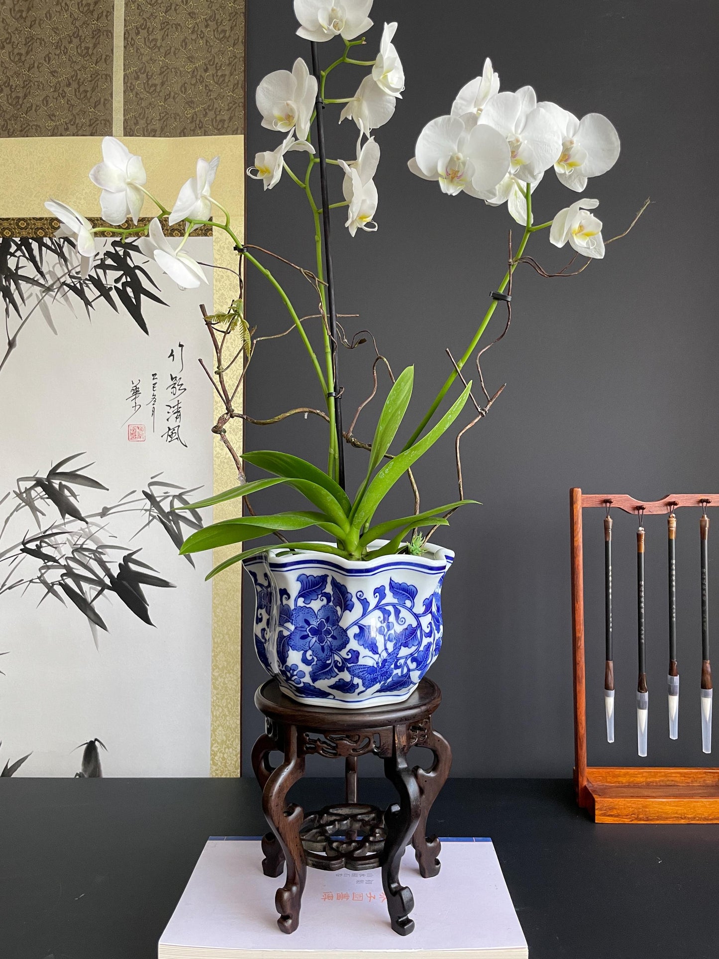 Blue and White Porcelain Planter Ceramic Flower Pot Chinoiserie Cachepot Fluted Oriental Orchid Pot Traditional Botanical Decor Large