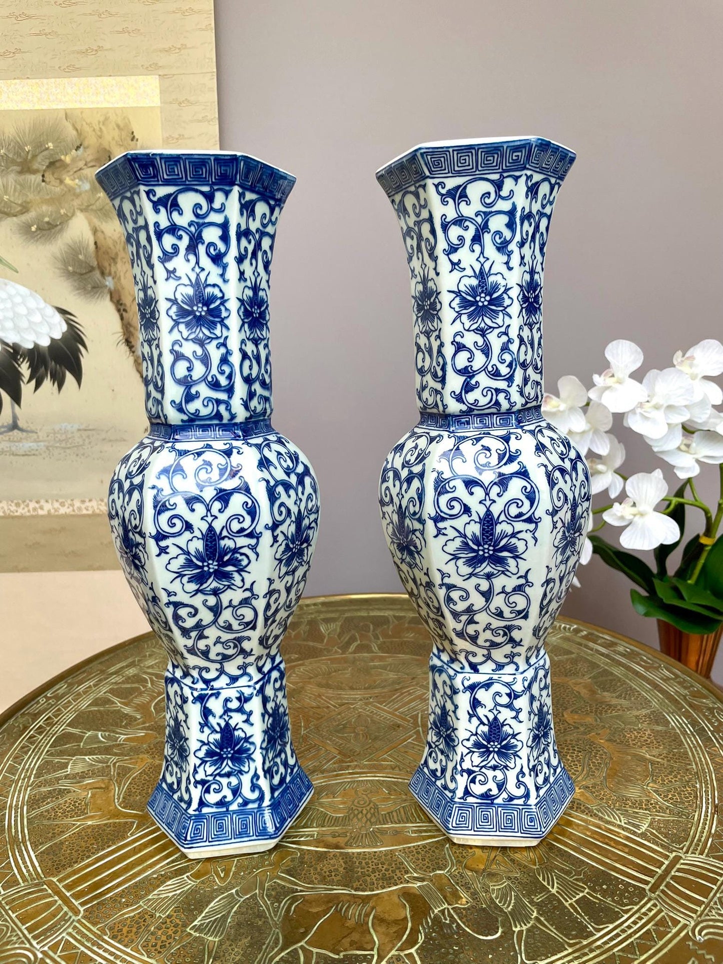 Pair of Blue & White Hexagonal Imperial Lotus Vases • Royal Ritual Vessel Form Six-Sided Classical Porcelain Pair Luxury Oriental Home Décor