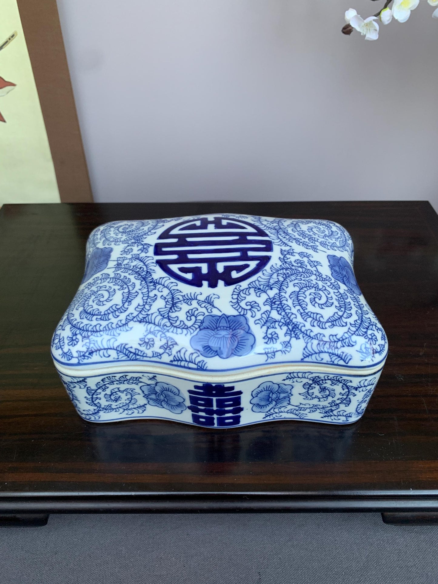 Blue and White Porcelain Lidded Box | Curved Decorative Container with Shou Longevity Symbol | Handcrafted Ceramic Storage Box | Asian Home