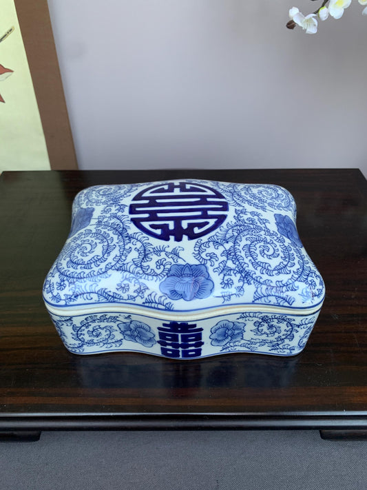 Blue and White Porcelain Lidded Box | Curved Decorative Container with Shou Longevity Symbol | Handcrafted Ceramic Storage Box | Asian Home