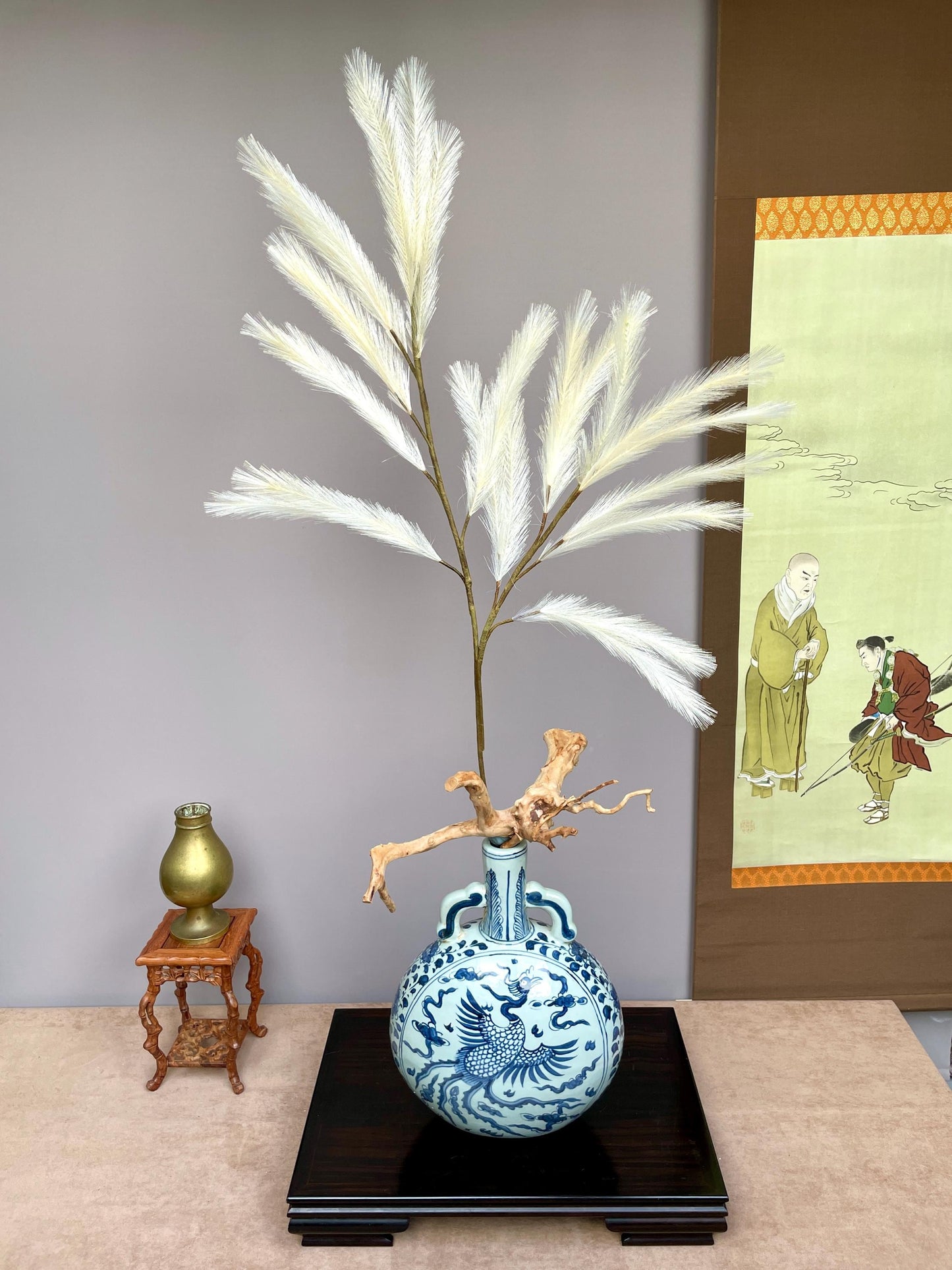 Large Realistic Artificial Pampas Grass Branch Faux Feathery Plume Stem - Minimalist Cream White Greenery for Tall Vases - Luxury Home Decor