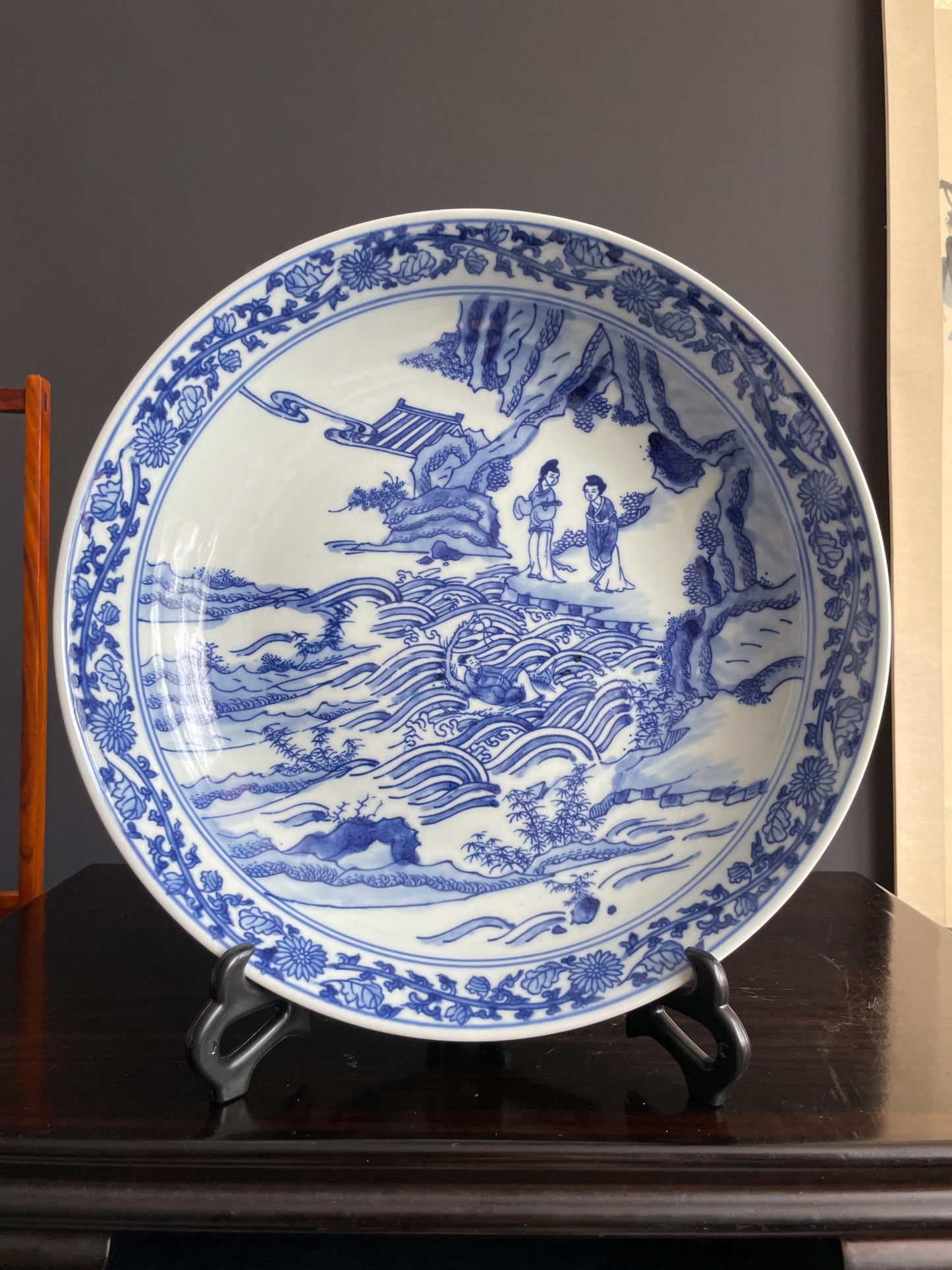 Traditional Blue and White Porcelain Charger | Hand-Crafted Narrative Decorative Plate | Classic Chinoiserie Display Platter