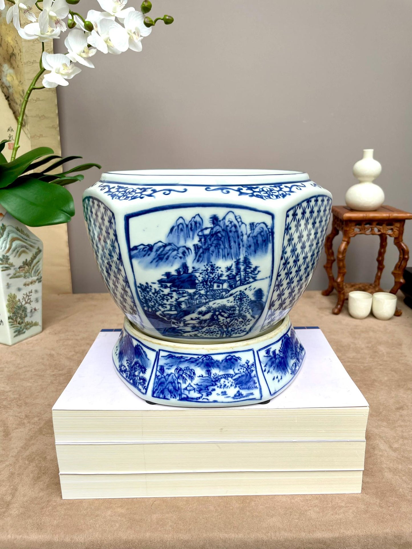 Blue and White Chinese Porcelain Planter with Stand | Hand-Painted Landscape Scene | Oriental Home Decor | Ming Style Ceramic Pot