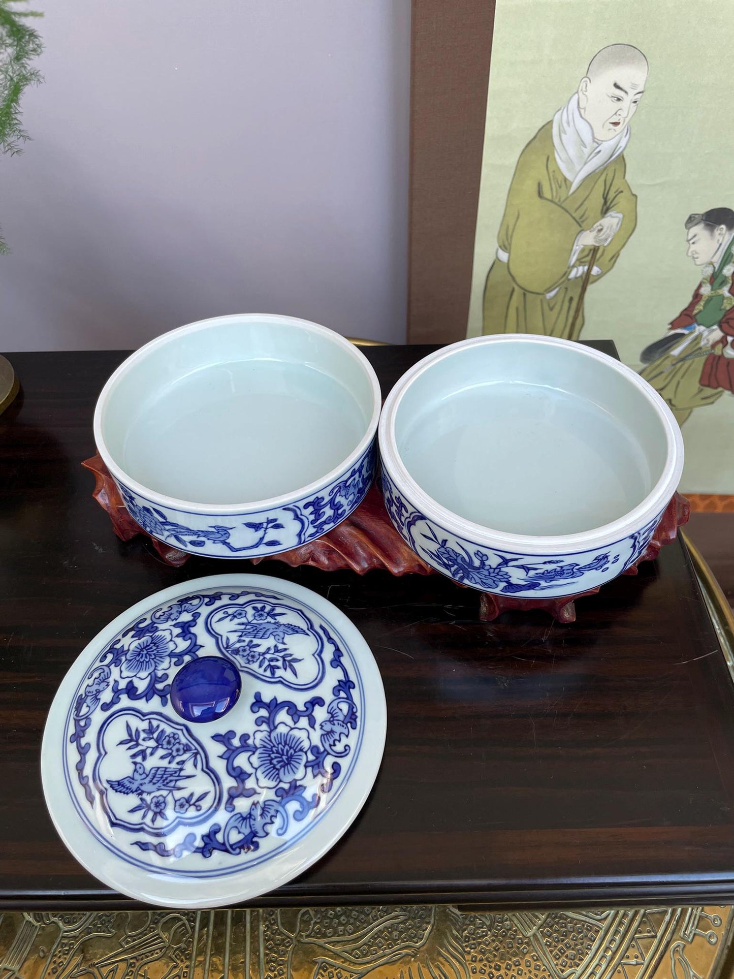Blue and White Chinese Porcelain 2Tier Lidded Container Hand-Painted Floral & Bird Design Stacking Ceramic Storage Jar Functional Home Deco