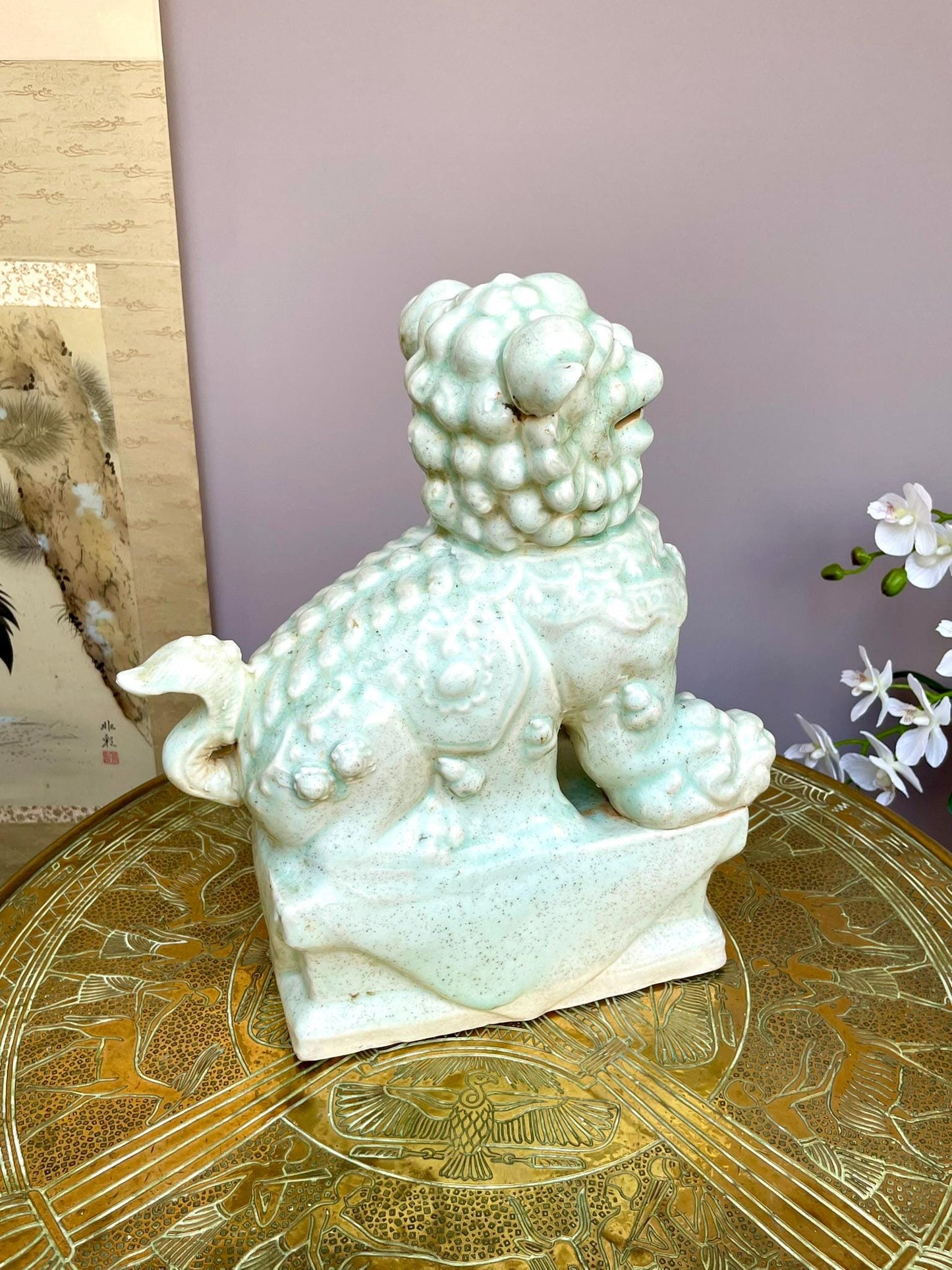 Ru-Style Celadon Foo Dog Sculpture | Celadon Guardian Lion | Chinese Art Decor | Scholar’s Studio Ornament | Ceramic Home Decor