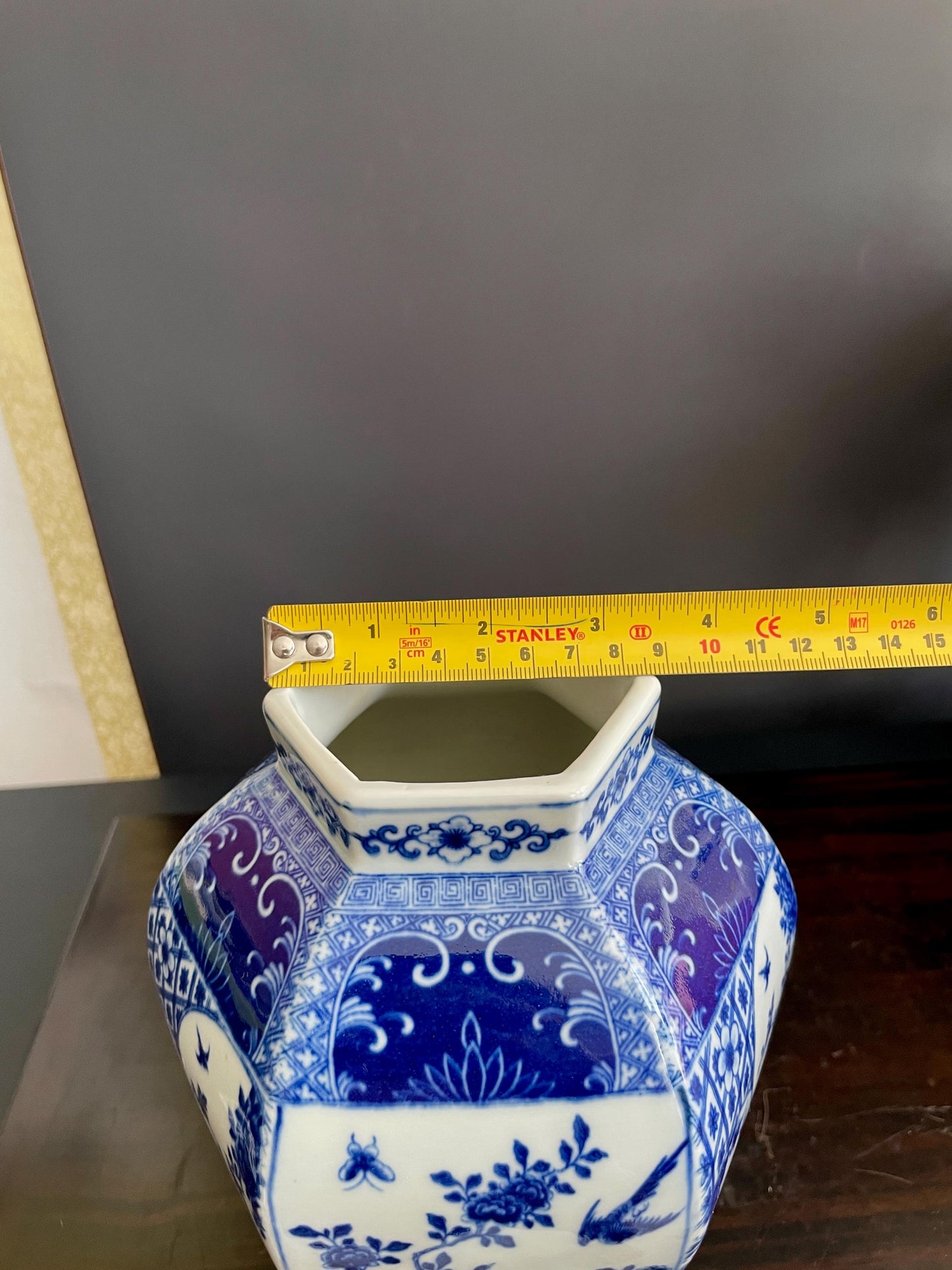 Hand Crafted Blue & White Hexagon Porcelain Vase with Lid | Six Sided 30cm Ceramic Temple Jar | Unique Multi Panel Chinoiserie Decor