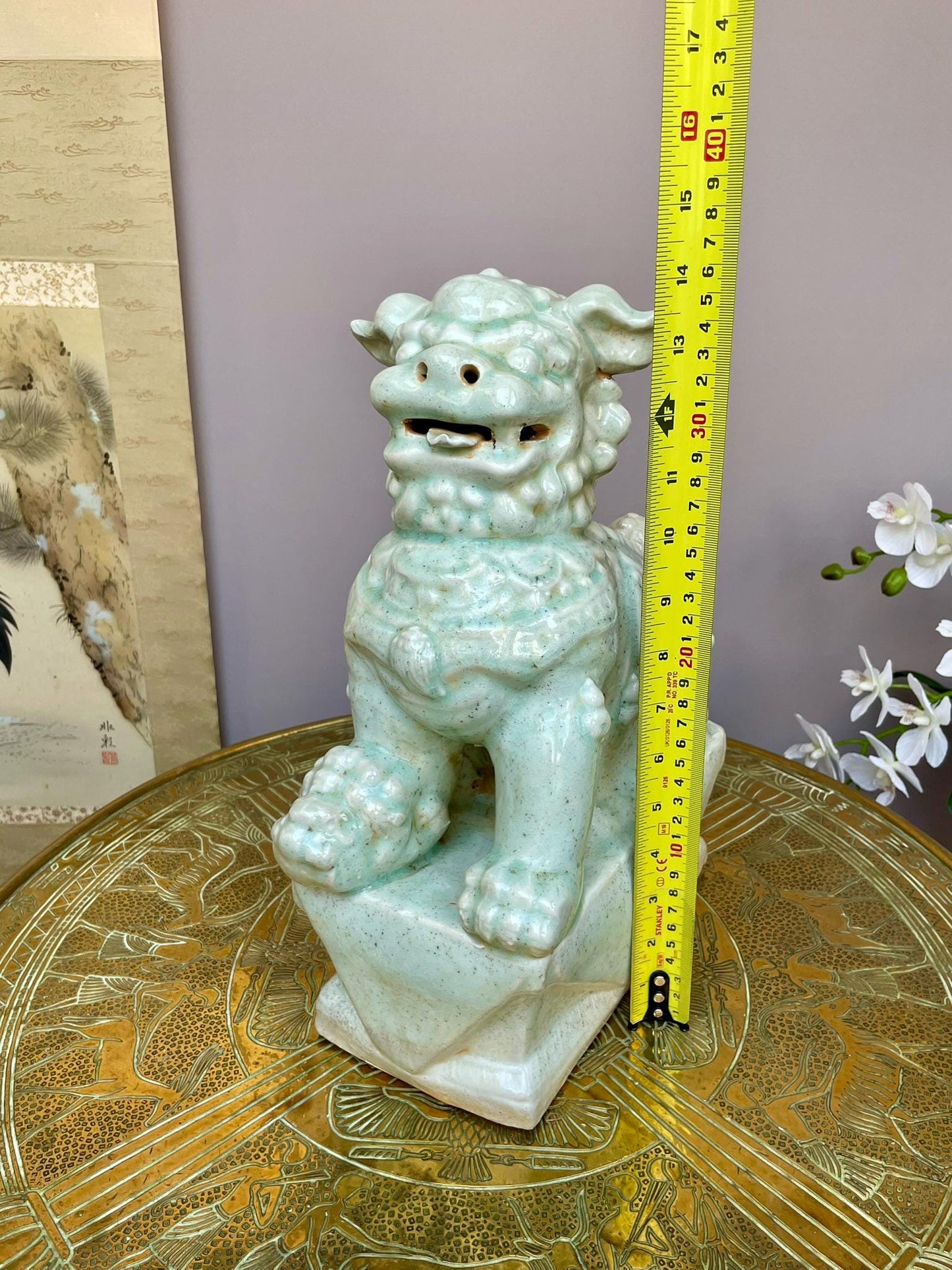 Ru-Style Celadon Foo Dog Sculpture | Celadon Guardian Lion | Chinese Art Decor | Scholar’s Studio Ornament | Ceramic Home Decor