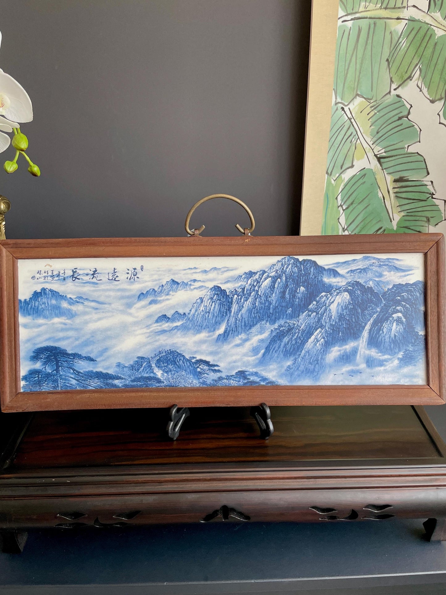 Hand-Crafted Blue & White Porcelain Landscape Plaque | Framed "Yuan Yuan Liu Chang" Shan Shui Wall Art Screen (54cm x 20cm)