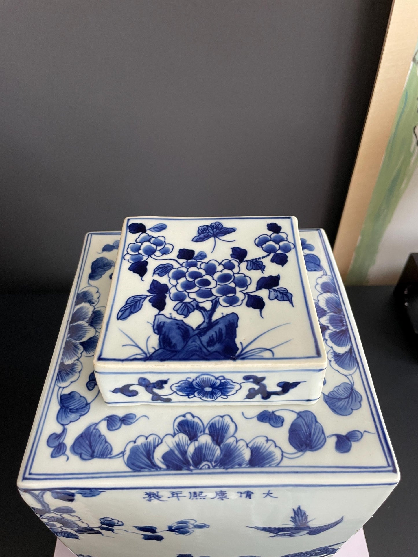 Hand-Painted Blue & White Xiang Qi Square Porcelain Vessel | Imperial Kangxi Style Continuous Panoramic Garden Scroll (~30cm)