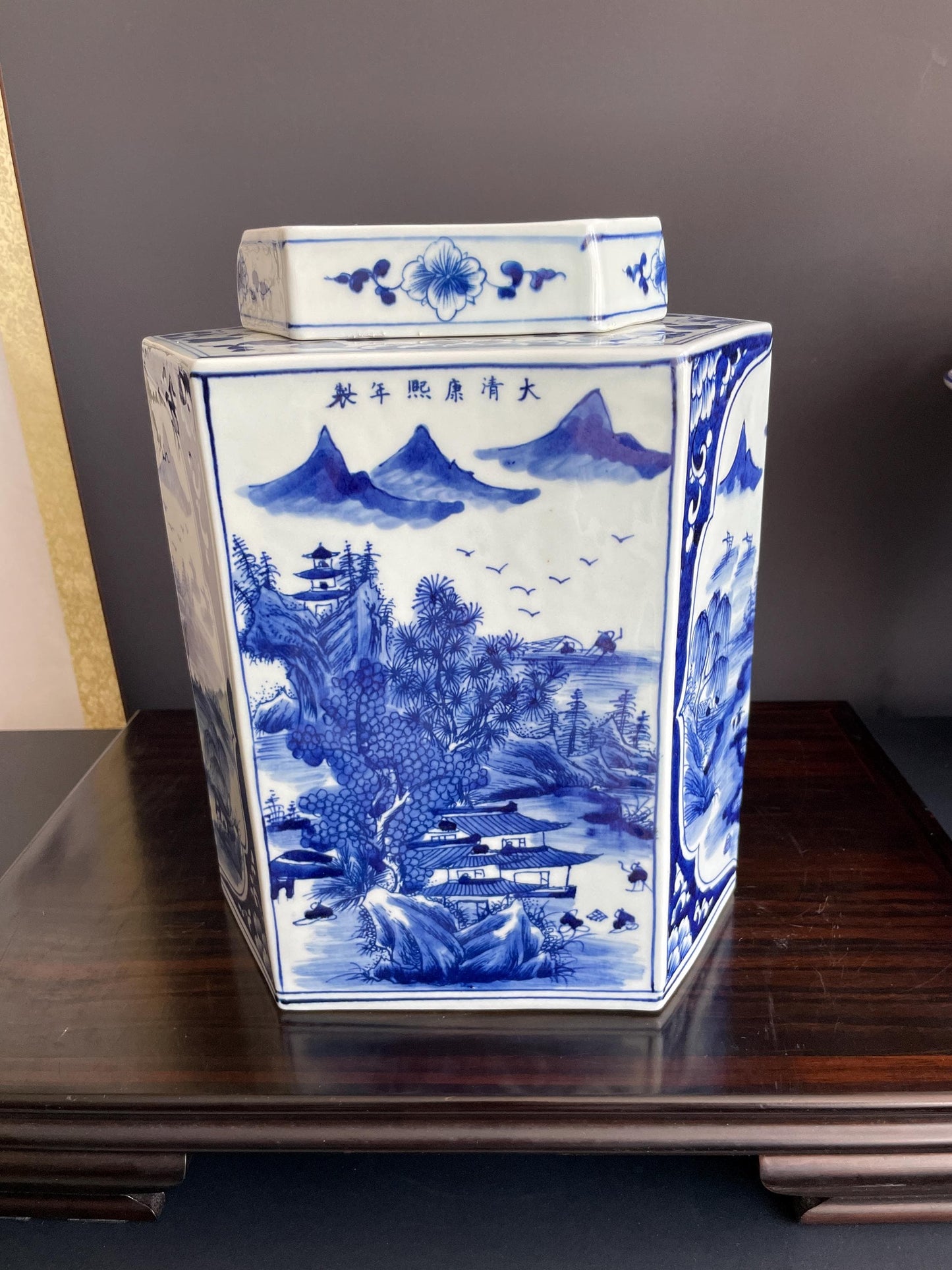Hand Painted Blue & White Hexagon Porcelain Vase with Lid | Six Sided Xiang Qi Hand Pressed Ceramic Jar | Chinoiserie Decor Vessel