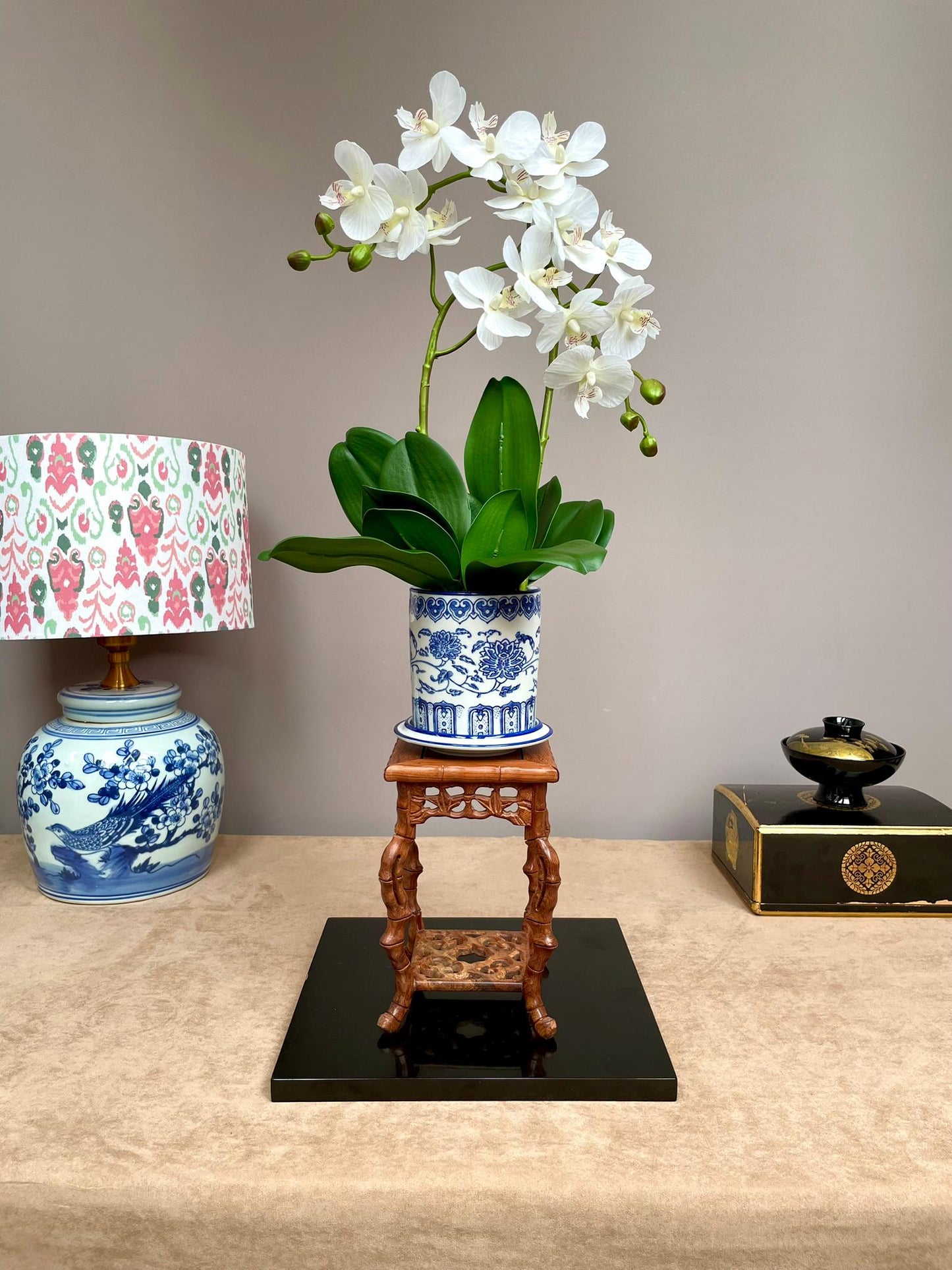 Blue and White Chinoiserie Orchid Planter with Saucer: Elegant Ceramic Flower Pot